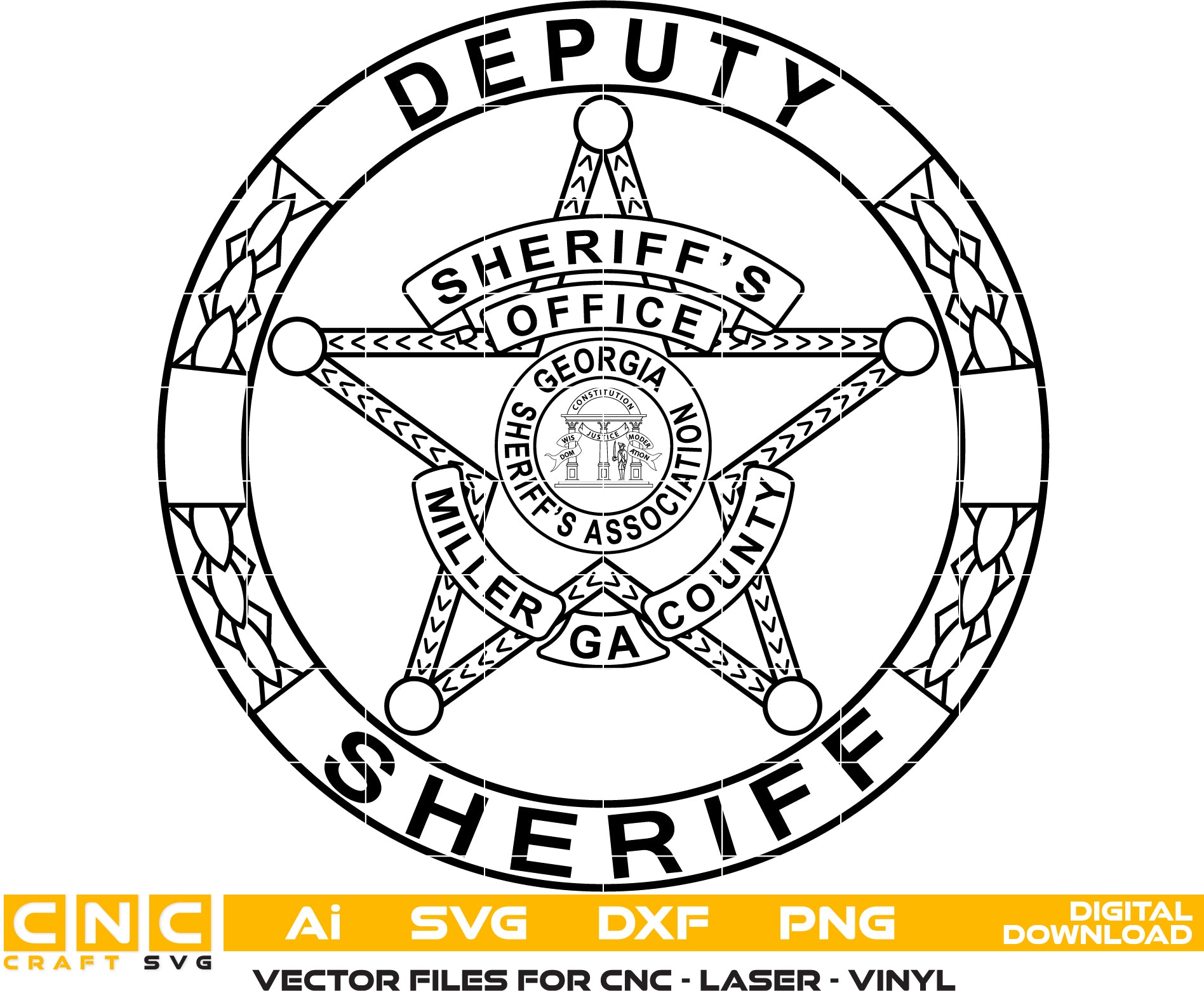 Miller County Deputy Sheriff/ Georgia Deputy Sheriff Badge Vector art Svg/ Dxf/ Jpg/ Png/ and Ai files For laser engraving/ woodworking/ acrylic painting and all printing machines.