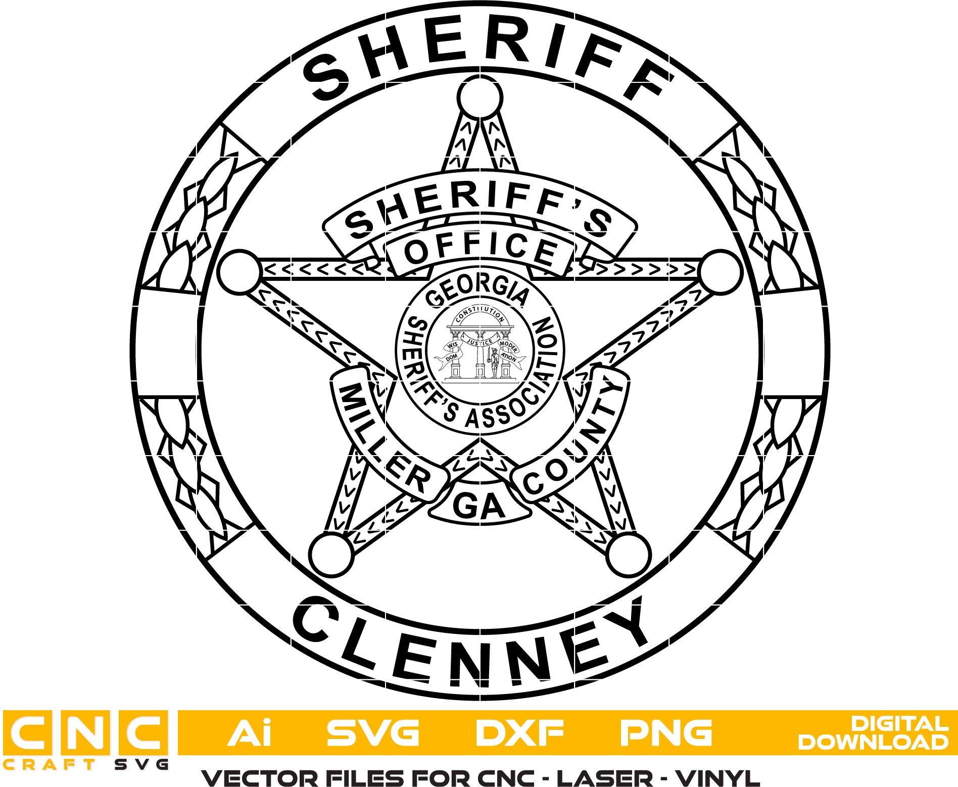 Miller County Sheriff Clenney/ Georgia Sheriff Badge Vector art Svg/ Dxf/ Jpg/ Png/ and Ai files For laser engraving/ woodworking/ acrylic painting and all printing machines.