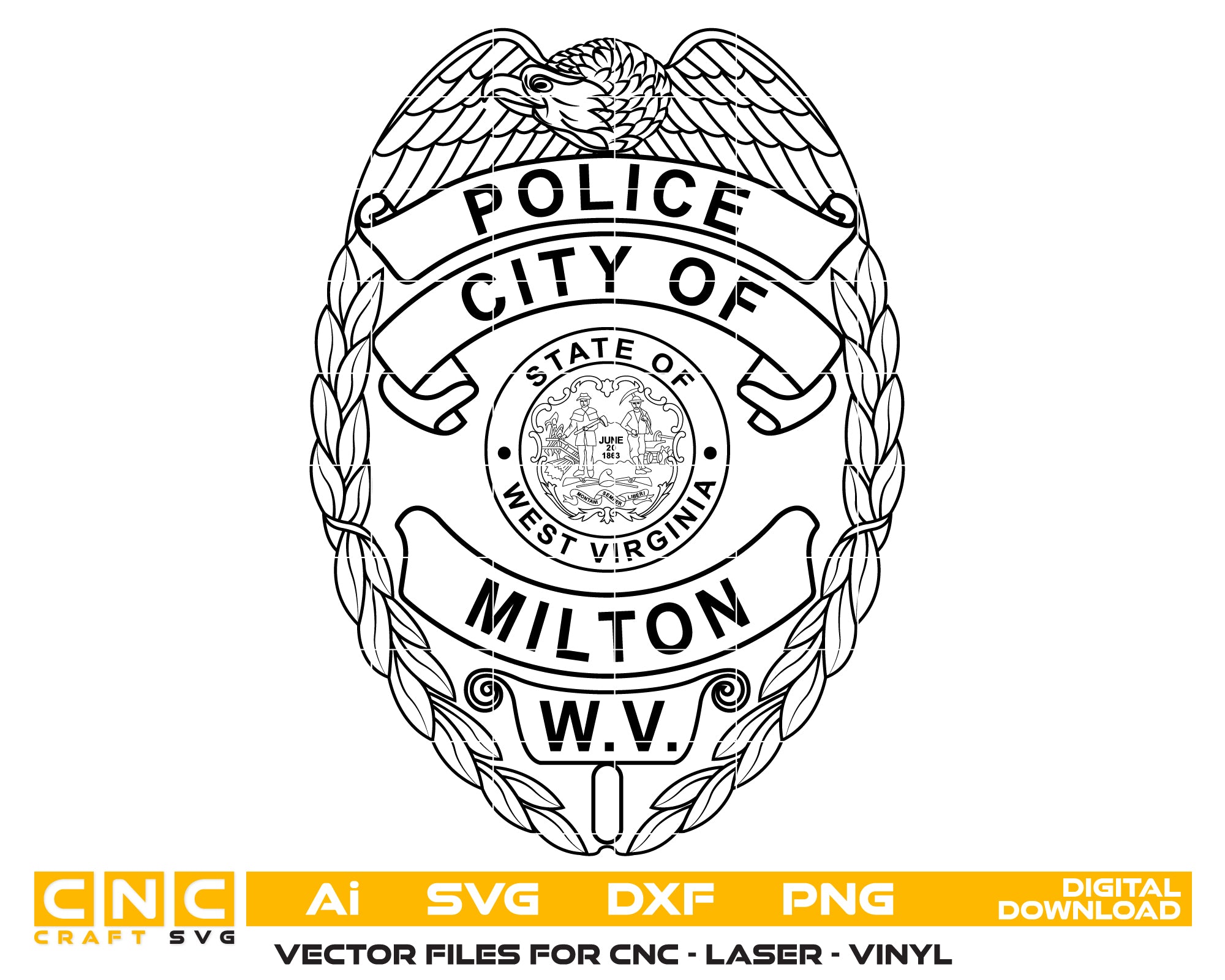 Milton Police Department Badge SVG, West Virginia Police Badge Vector, Milton Police Badge, Law Enforcement Badge SVG, West Virginia Police Officer Badge Vector