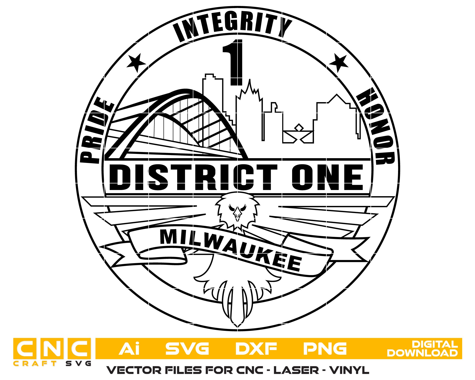 Milwaukee Police District One Badge Vector Art, Ai,SVG, DXF, PNG, Digital Files