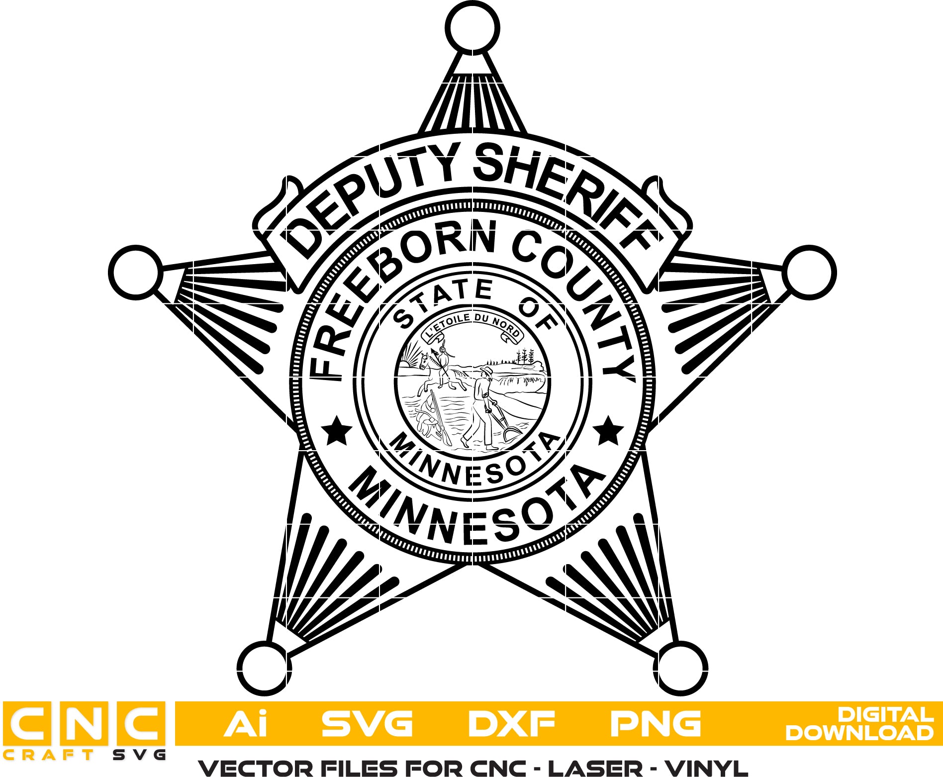 Minnesota/ Freeborn County Deputy Sheriff Badge Vector art Svg/ Dxf/ Jpg/ Png/ and Ai files For laser engraving/ woodworking/ acrylic painting and all printing machines.