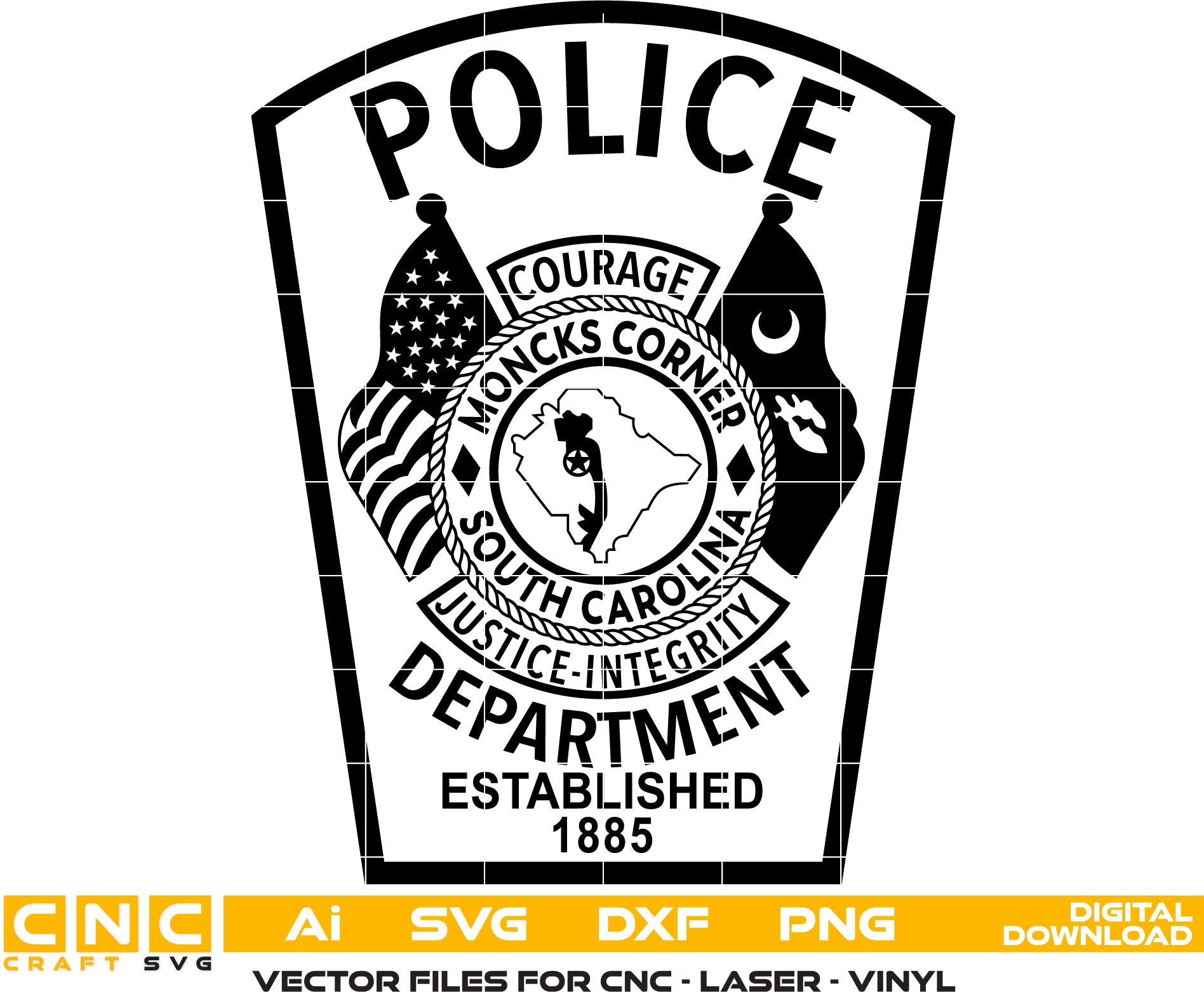 Moncks Corner Police Badge/ South Carolina Police Badge Vector art Svg/ Dxf/ Jpg/ Png/ and Ai files For laser engraving/ woodworking/ acrylic painting and all printing machines.