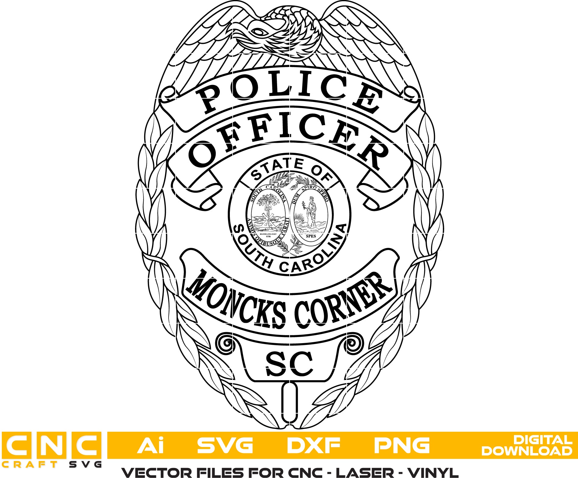 Moncks Corner Police Officer/ North Carolina Police Badge Vector art Svg/ Dxf/ Jpg/ Png/ and Ai files For laser engraving/ woodworking/ acrylic painting and all printing machines.