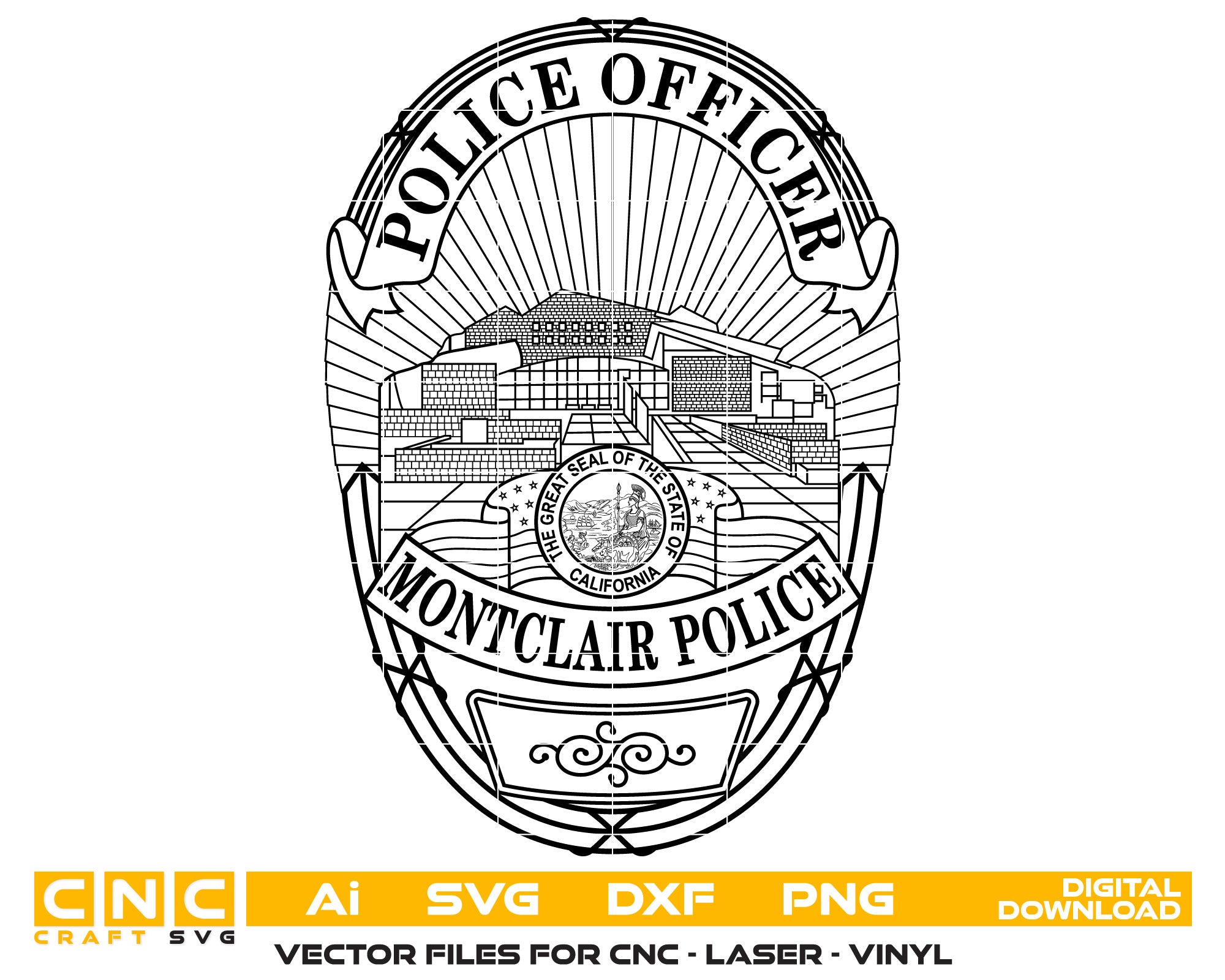 Montclair Police Officer Badge Vector Art, Ai,SVG, DXF, PNG, Digital Files