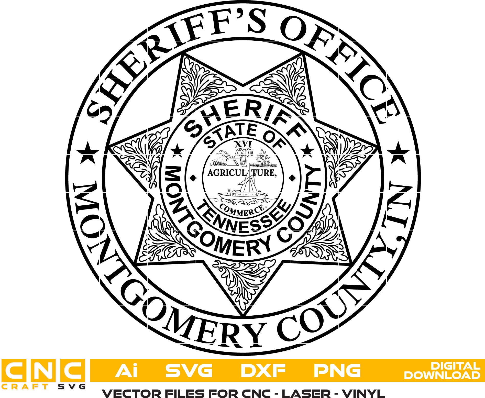 Montgomery County Sheriff, Tennessee Sheriff Badge Vector art Svg, Dxf, Jpg, Png and Ai files For laser engraving, woodworking, acrylic painting, and all printing machines.