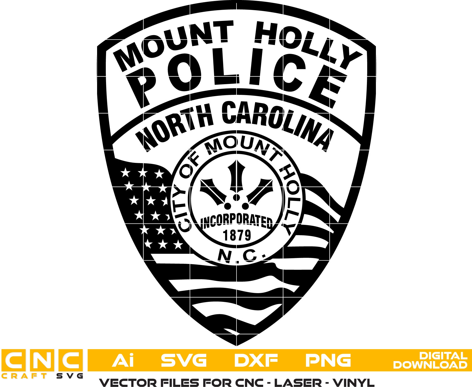 Mount Holly Police Badge, North Carolina Police Badge Vector art Svg, Dxf, Jpg, Png and Ai files For laser engraving, woodworking, acrylic painting, and all printing machines.