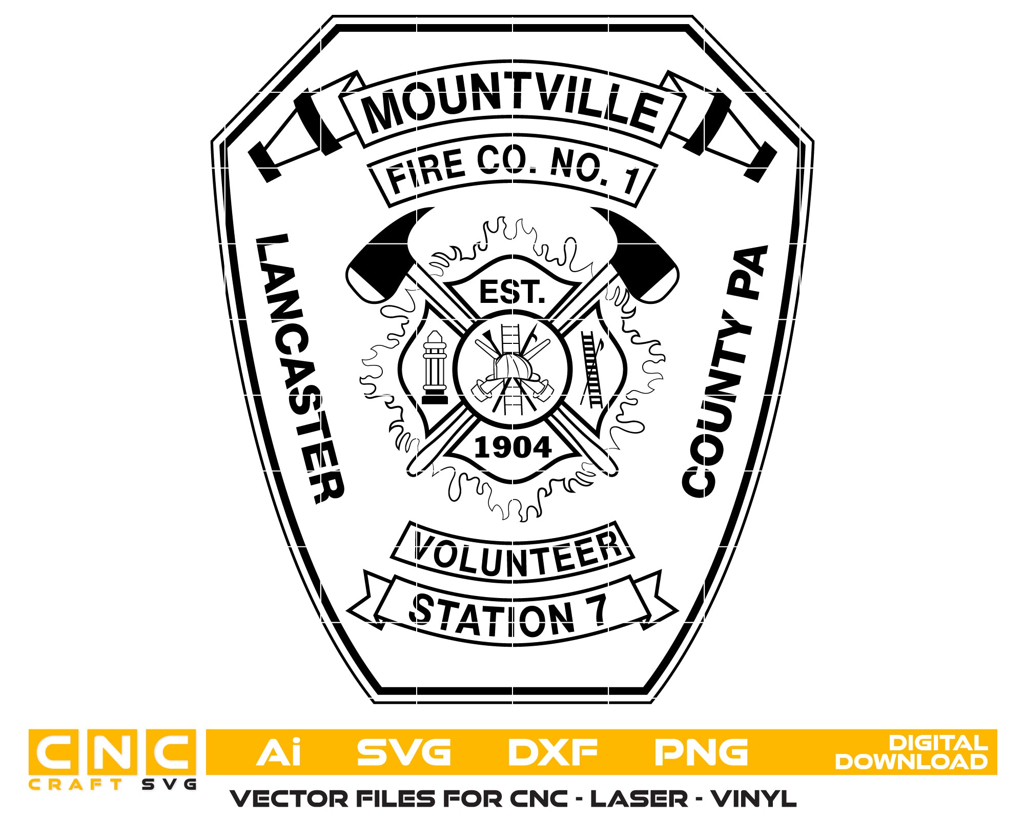 Mountville Fire Company No. 1 Badge SVG, Firefighter Badge Vector, Mountville FD Badge Emblem, Fire Department Badge SVG, Firefighter Badge Vector File