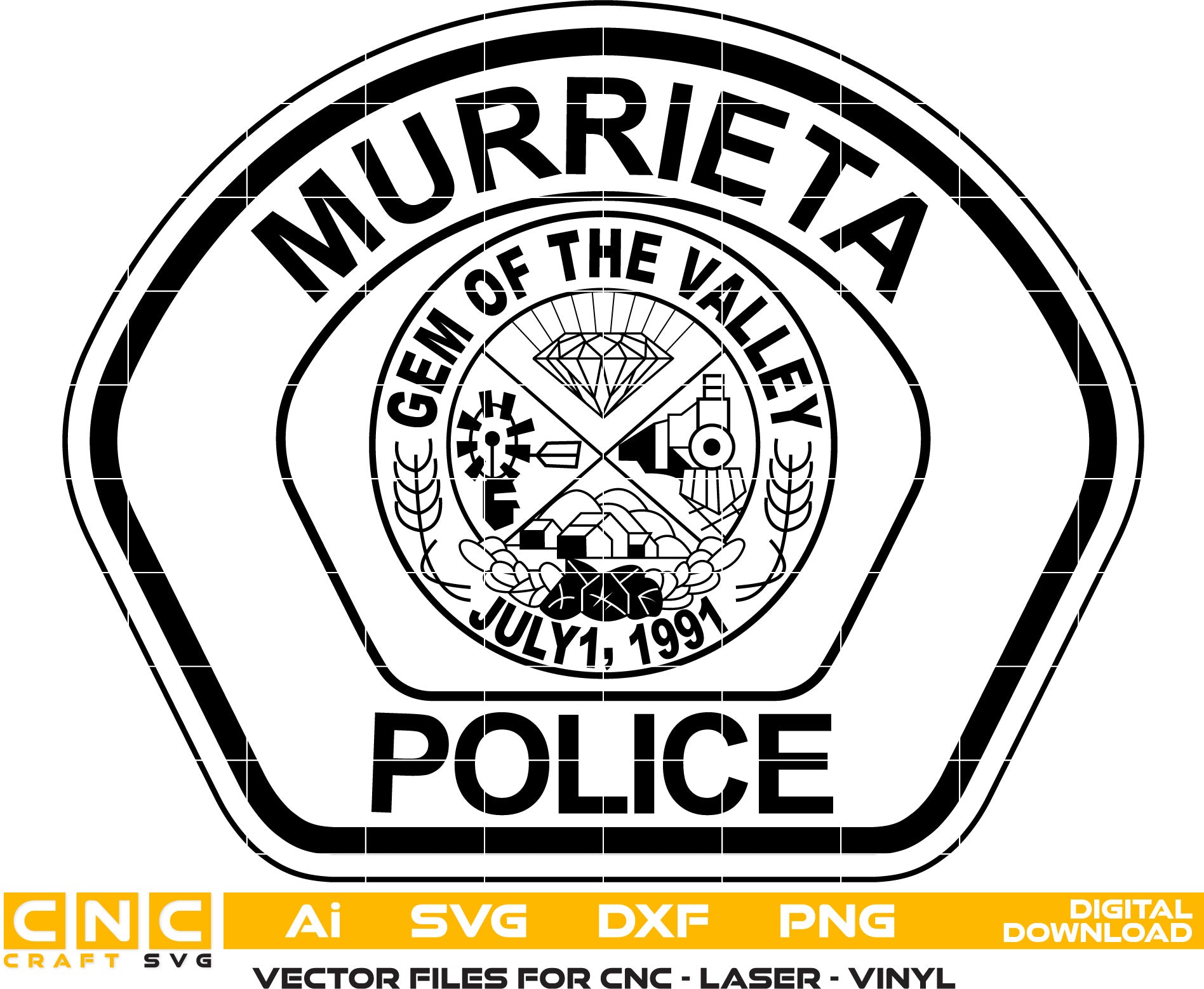 Murrieta Police Badge Vector art Svg, Dxf, Jpg, Png and Ai files For laser engraving, woodworking, acrylic painting, and all printing machines.