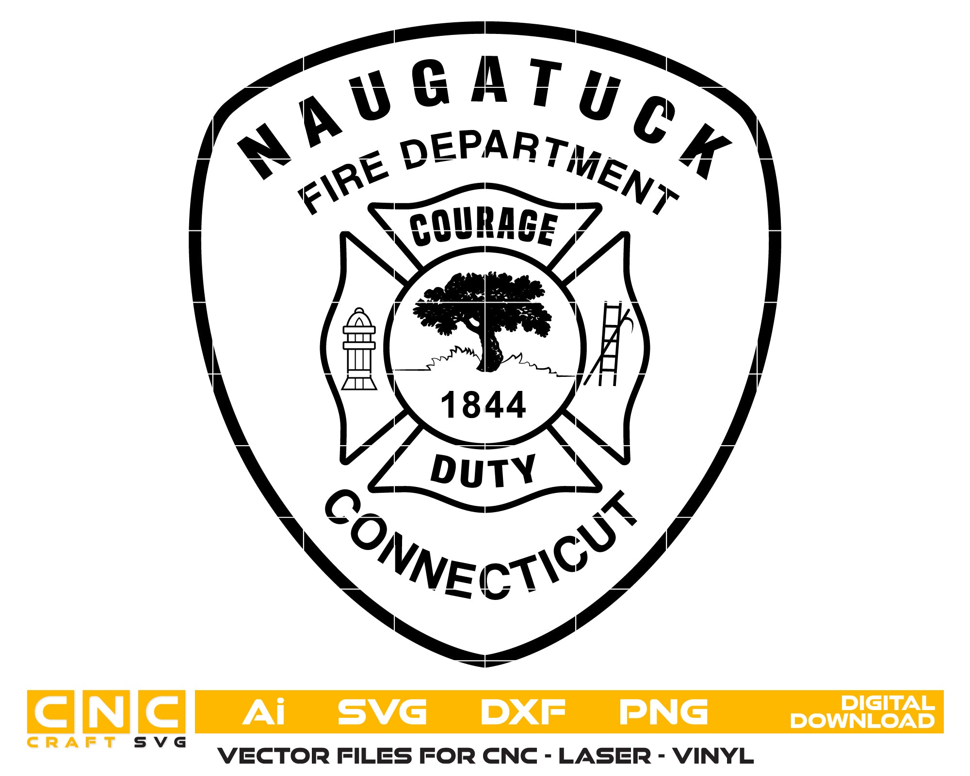 Naugatuck Fire Department Logo SVG digital download, Connecticut firefighter emblem vector design for Cricut, Silhouette, CNC, engraving, and fire service crafts.