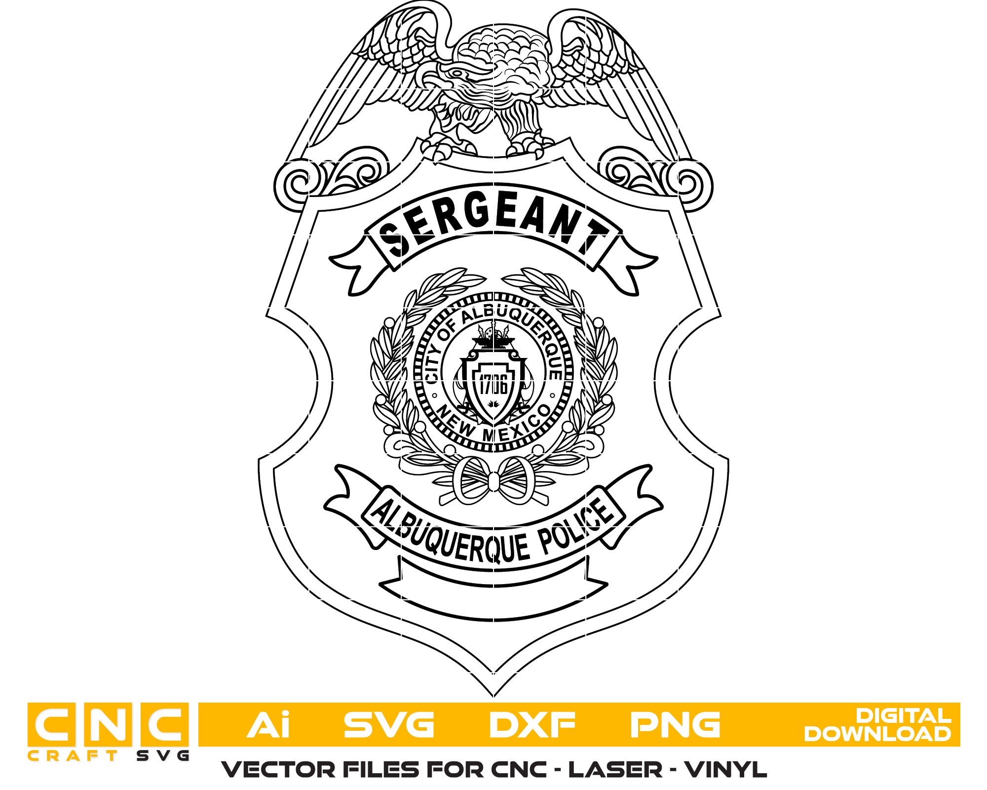 New Mexico Albuquerque Police Sergeant Badge Vector art Svg, Dxf, Jpg, Png, and Ai files For laser engraving, woodworking, acrylic painting, and all printing machines.