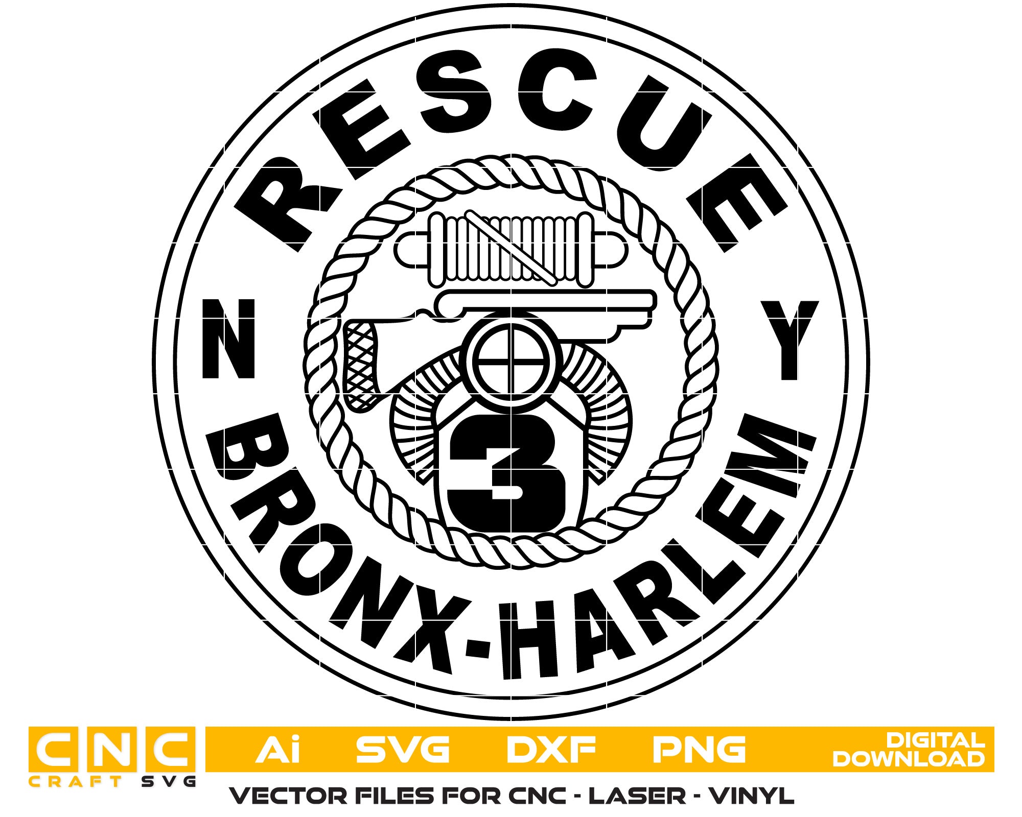 New York City Rescue 3 Bronx-Harlem Fire Rescue Badge Vector Art, Ai,SVG, DXF, PNG, Digital Files