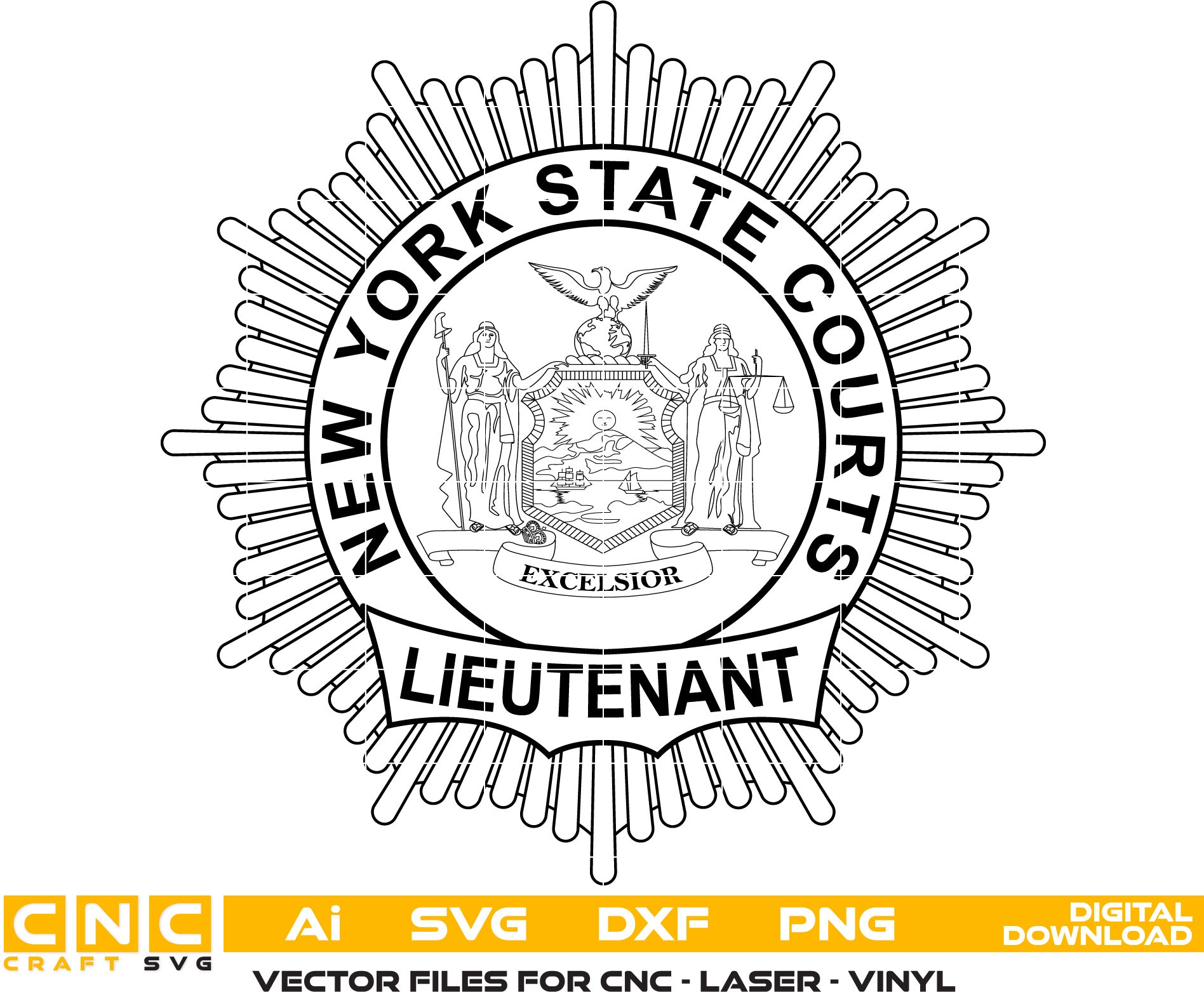 New York State Courts Lieutenant Badge Vector art Svg, Dxf, Jpg, Png and Ai files For laser engraving, woodworking, acrylic painting, and all printing machines.