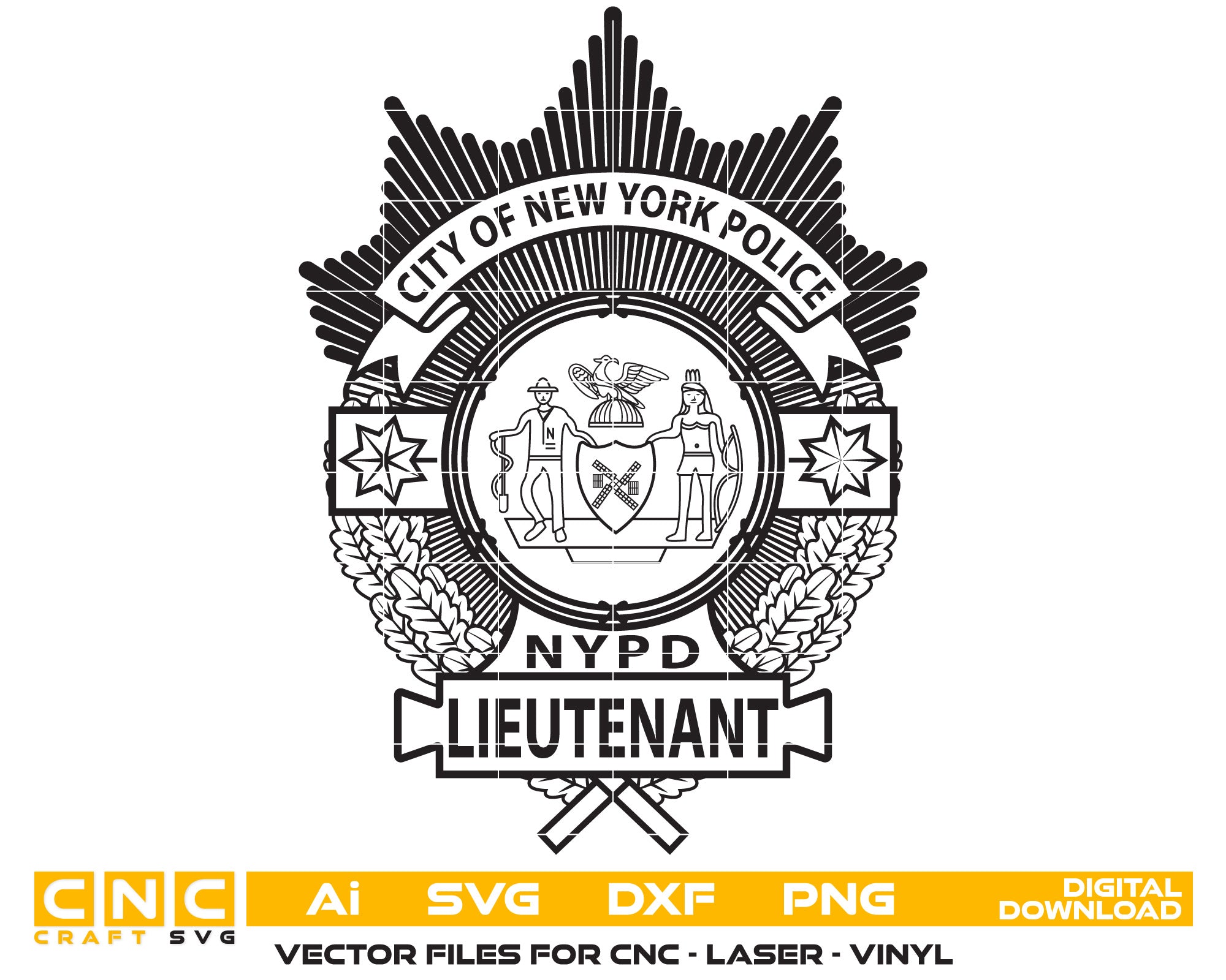 New Youk Police Lieutenant Badge Vector Art, Ai,SVG, DXF, PNG, Digital Files