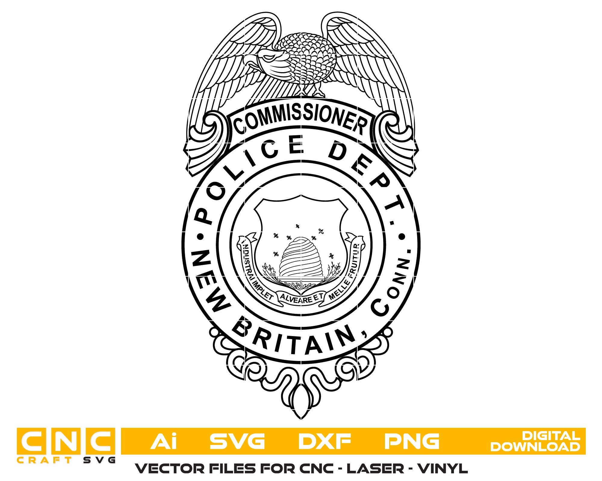 New Britain Police Commissioner Badge SVG digital download, Connecticut police emblem vector design for Cricut, Silhouette, CNC, and law enforcement craft projects.