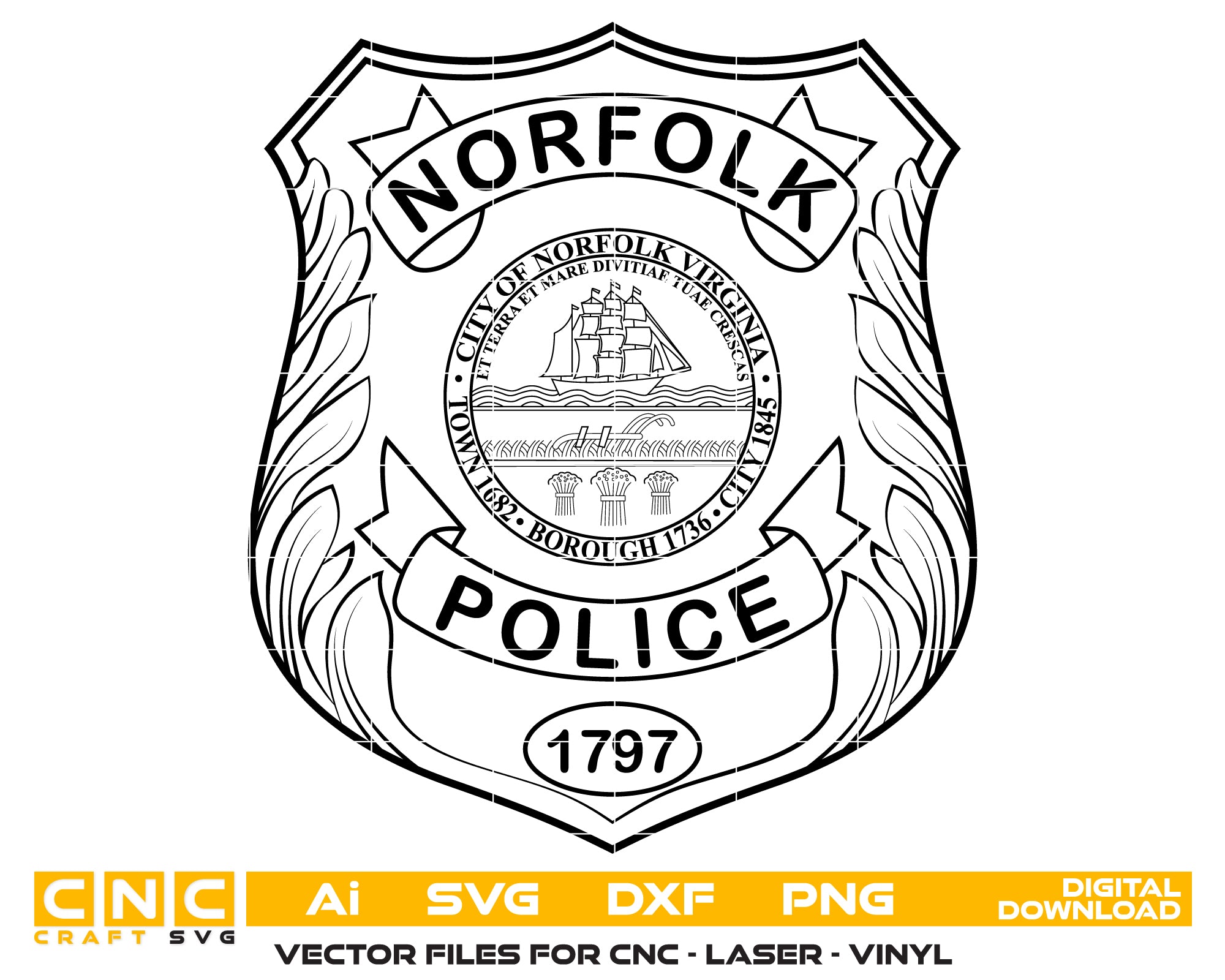 Norfolk Police Department Badge SVG, Norfolk VA Police Badge Vector, Virginia Police Emblem, Police Shield Badge SVG File, Law Enforcement Badge Vector