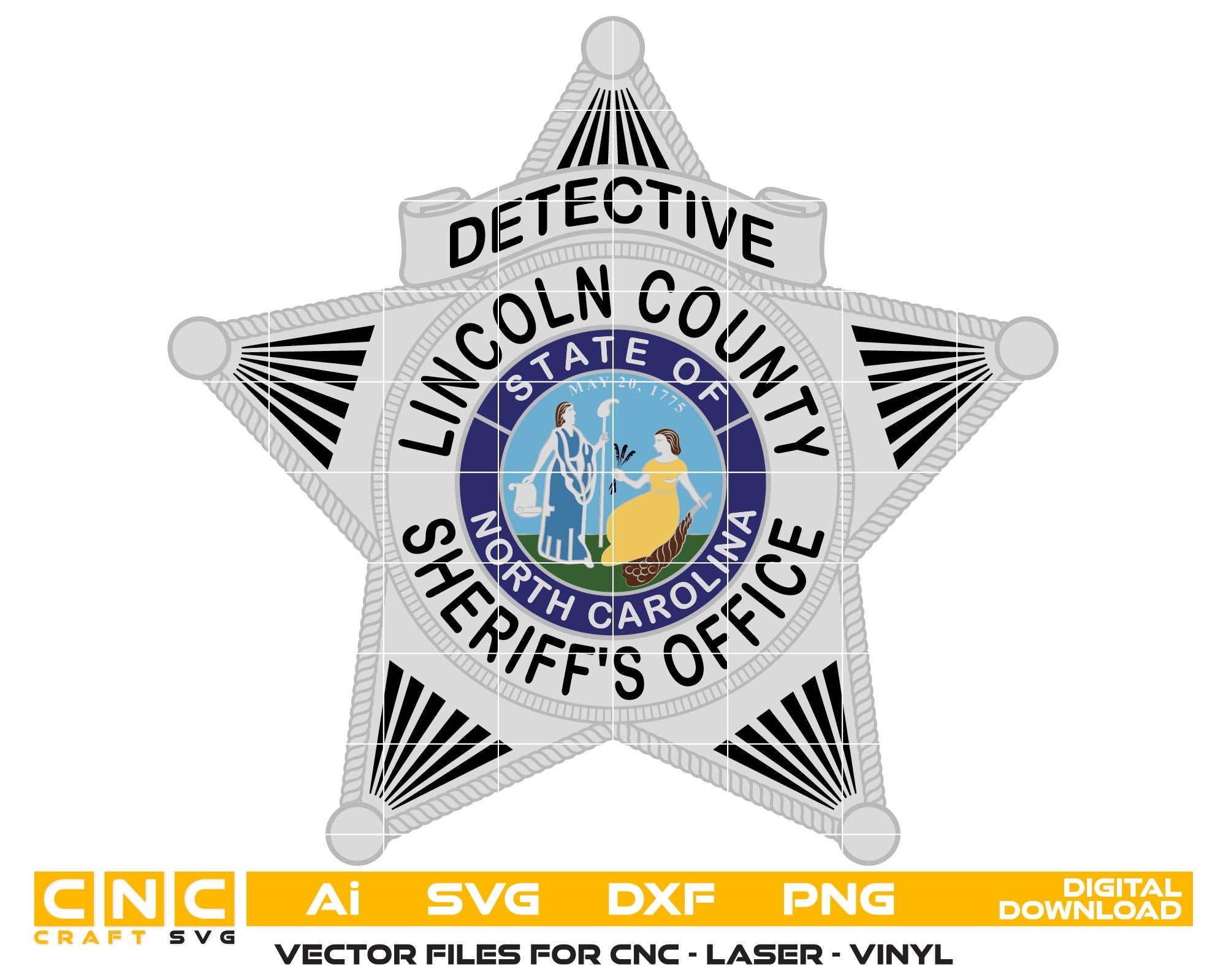 Lincoln County Sheriff's Office Badge SVG

NC Detective Sheriff Office Vector

Lincoln County Law Enforcement Emblem

Sheriff's Office Star Badge Design

North Carolina Detective Badge CNC File