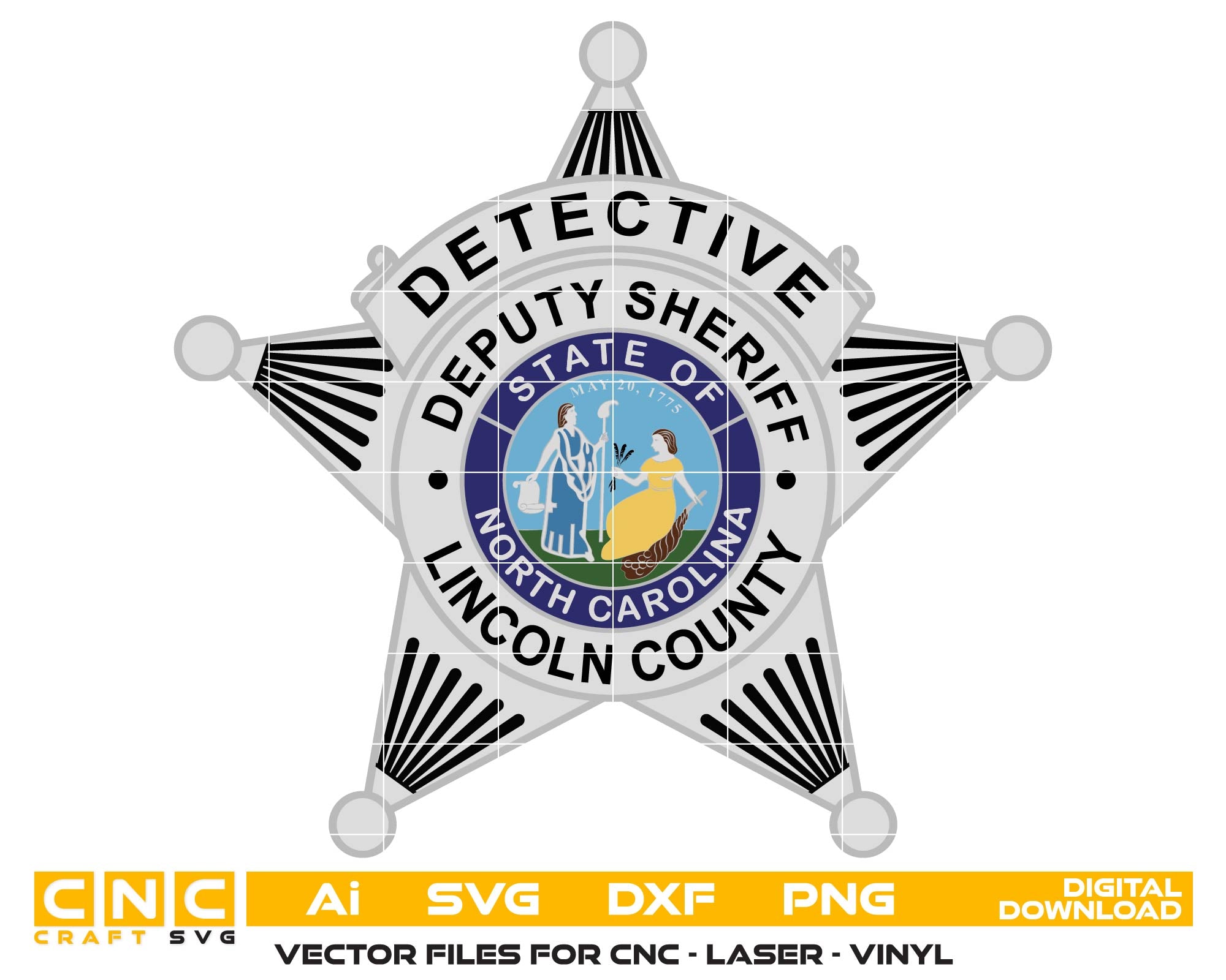 Lincoln County Sheriff Detective Badge SVG

North Carolina Deputy Sheriff Vector

Detective Rank Badge Lincoln County

NC Law Enforcement Emblem Design

Sheriff Detective Badge for Engraving