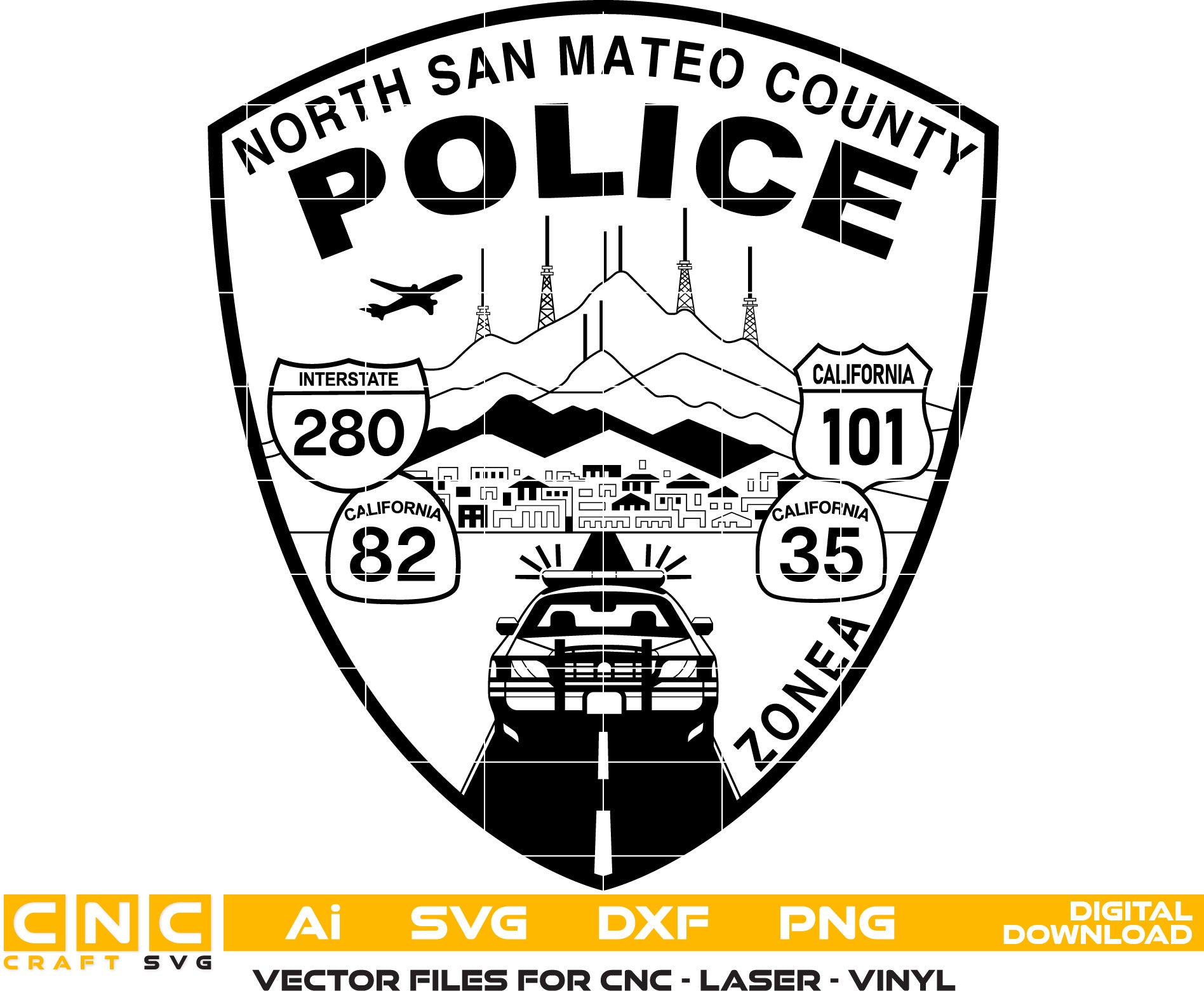 North San Mateo County Police Badge Vector art Svg, Dxf, Jpg, Png and Ai files For laser engraving, woodworking, acrylic painting, and all printing machines.