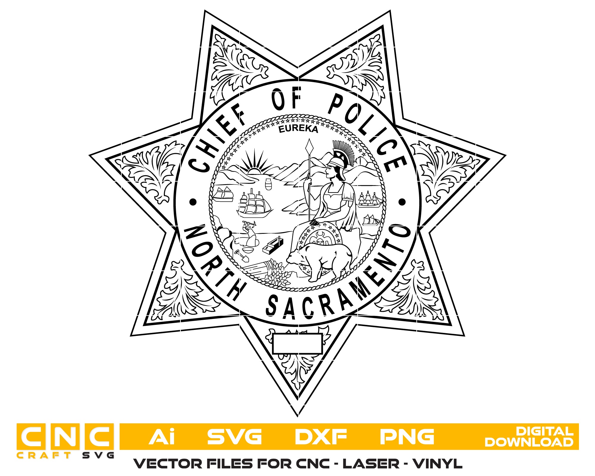 North Sacramento Police Chief Badge SVG, California Police Badge Vector, North Sacramento Police Chief Badge, Law Enforcement Badge SVG, Police Department Badge Vector