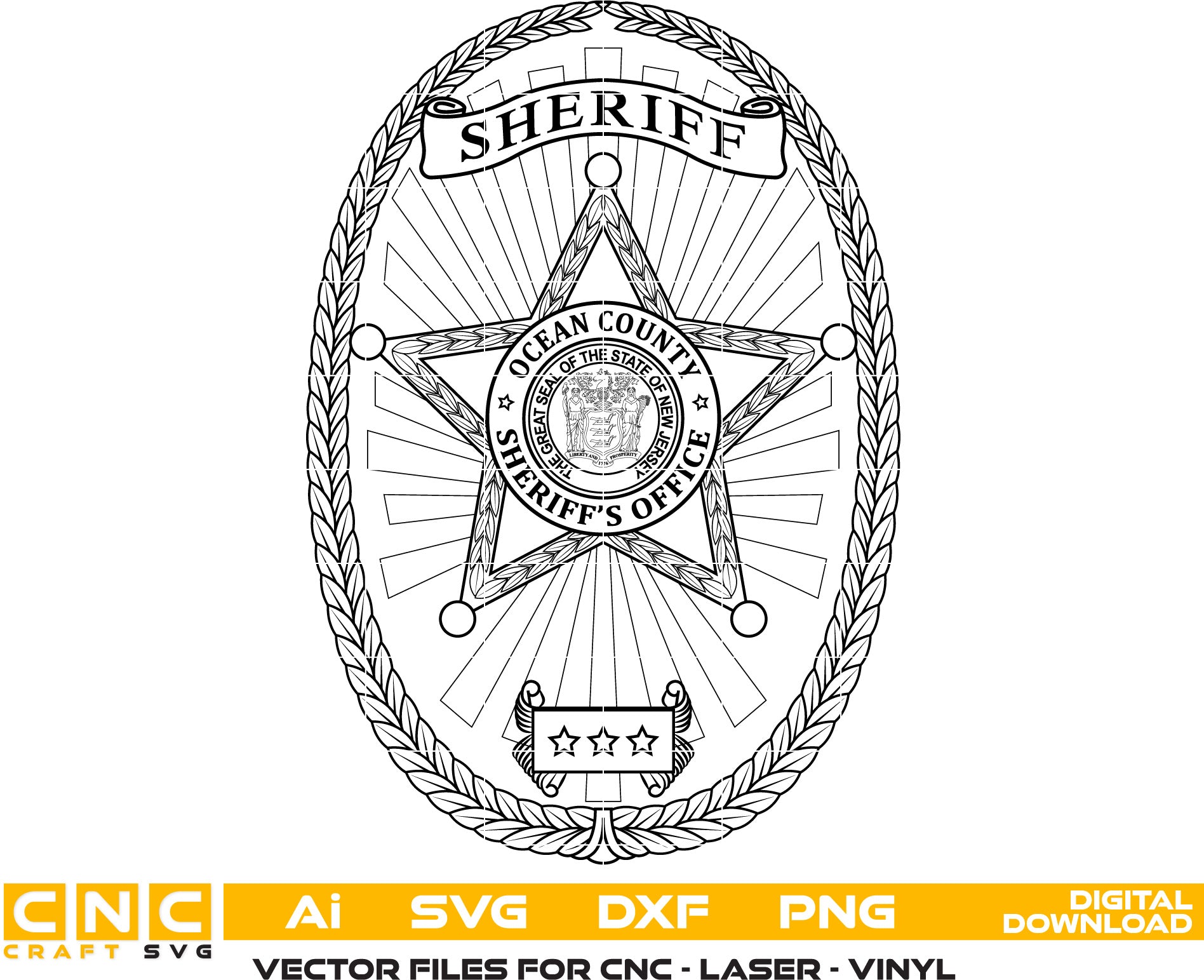 Ocean County Sheriff Badge , New Jersy Sheriff Badge Vector Art, Ai,SVG, DXF, PNG, Digital Files for Laser Engraving, Woodworking & Printing