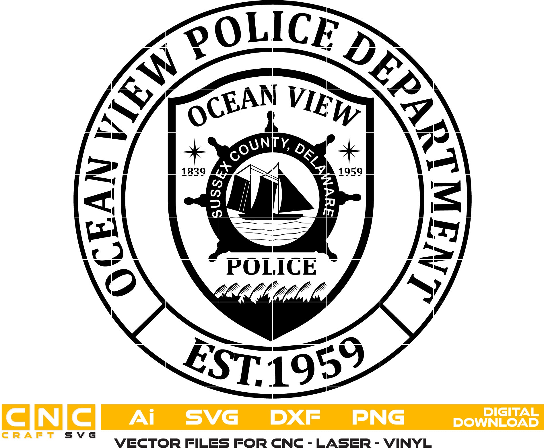 Ocean View Police Logo Vector art Svg, Dxf, Jpg, Png, and Ai files For laser engraving, woodworking, acrylic painting, and all printing machines.