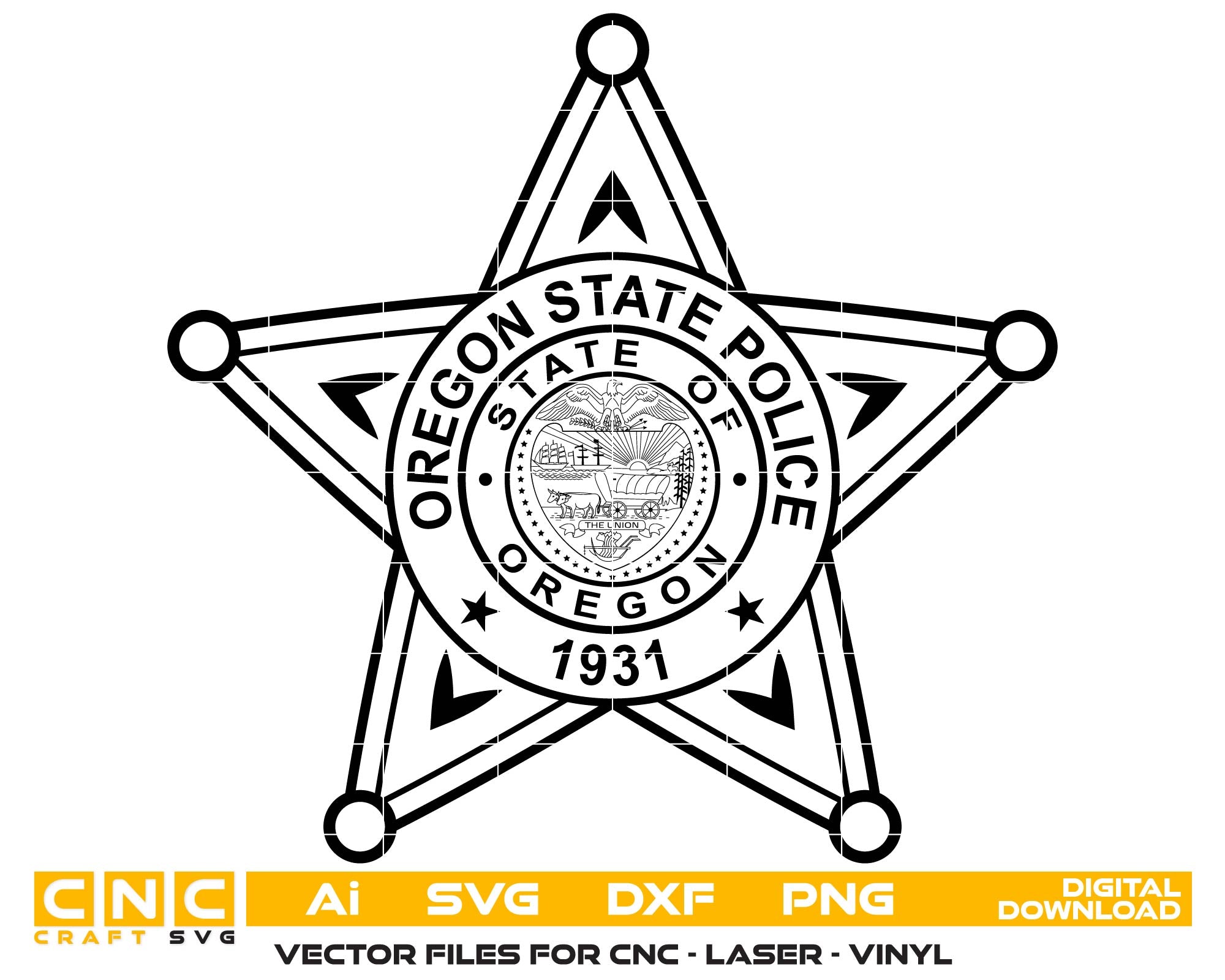 Oregon State Police Badge SVG

OSP Star Badge Vector Design

Oregon Trooper Badge 1931

Law Enforcement Star Emblem

Oregon State Police Logo CNC File