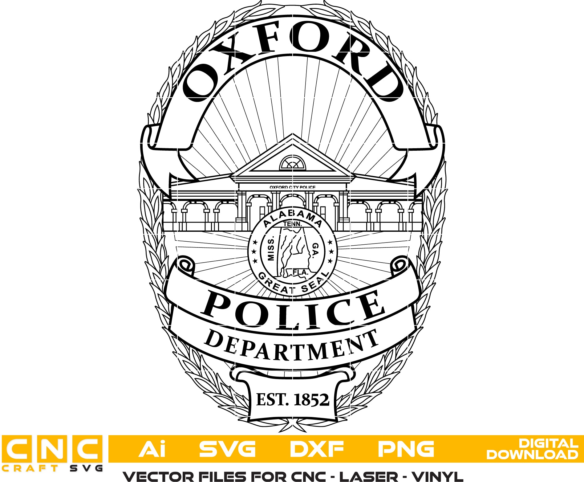 Oxford Police Badge/ Alabama Police Badge Vector art Svg/ Dxf/ Jpg/ Png/ and Ai files For laser engraving/ woodworking/ acrylic painting and all printing machines.