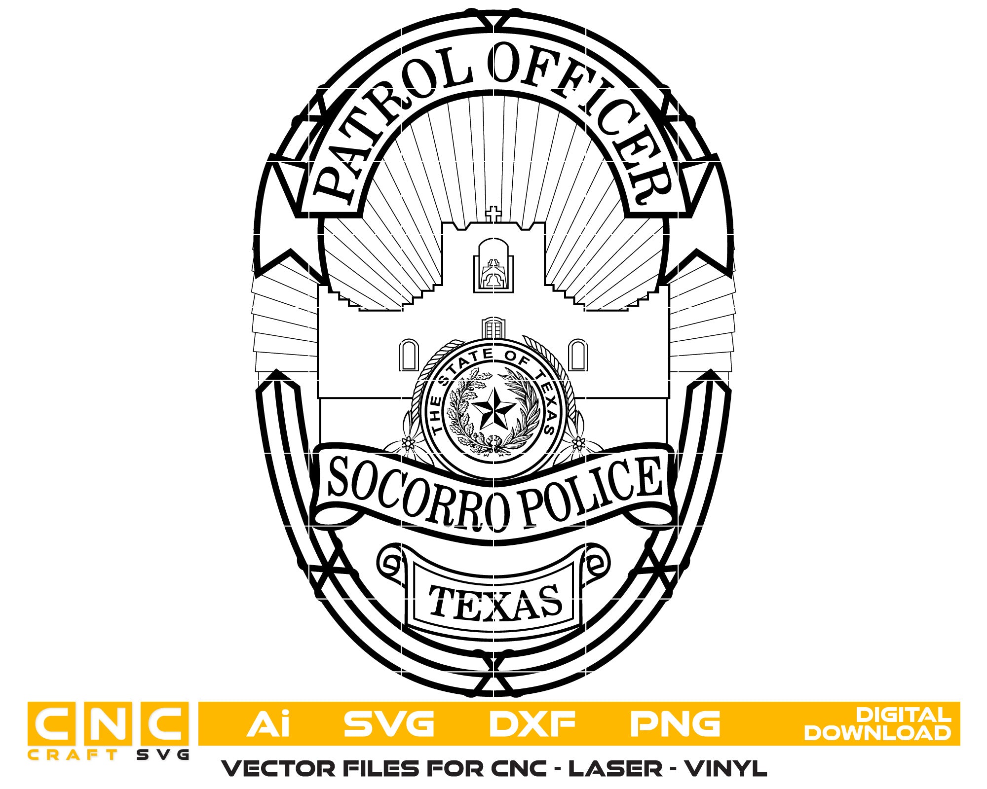 Patrol Officer Socorro  Police Vector art Svg, Dxf, Jpg, Png, and Ai files For laser engraving, woodworking, acrylic painting, and all printing machines.