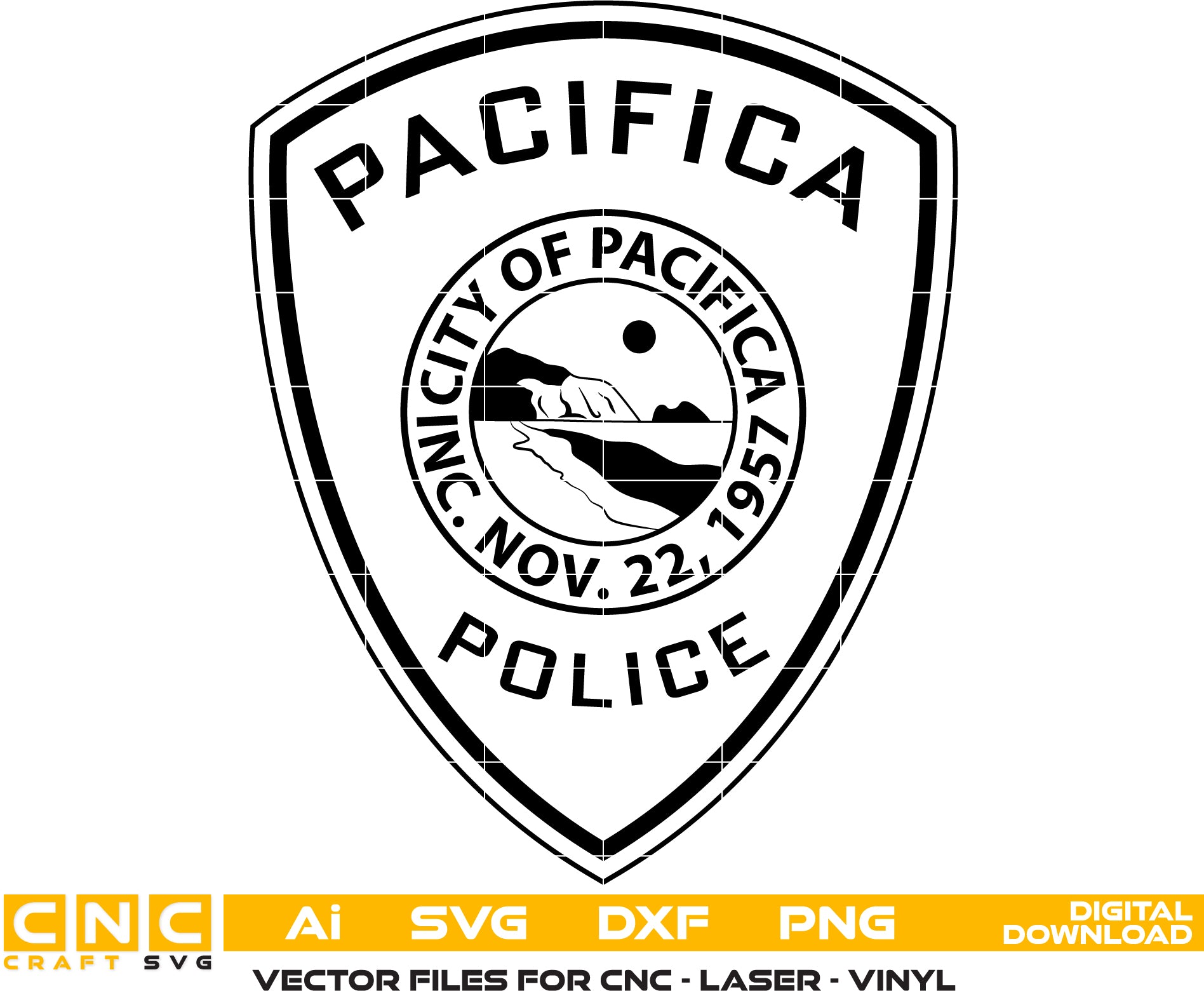 Pacific Police Badge Vector art Svg/ Dxf/ Jpg/ Png/ and Ai files For laser engraving/ woodworking/ acrylic painting and all printing machines.