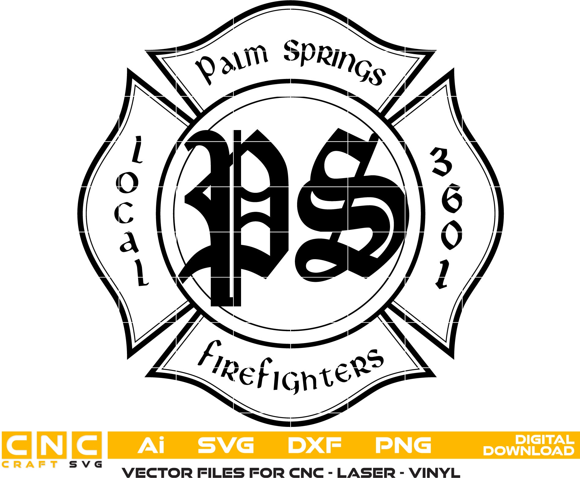 Palm Springs Fire Fighters Badge, Fire Dept Logo Vector art Svg, Dxf, Jpg, Png & Ai files For laser engraving, woodworking, acrylic painting, and all printing machines.