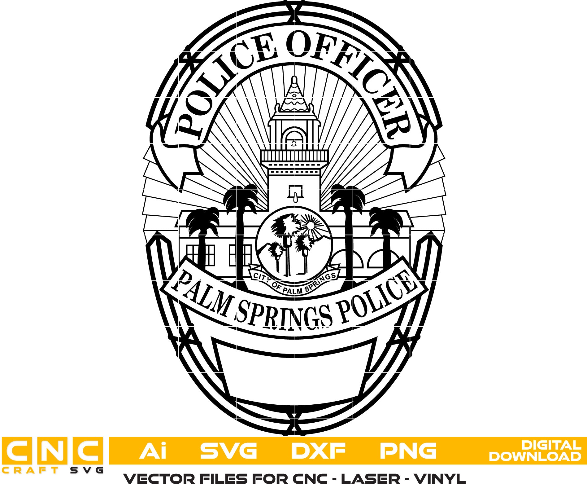 Palm Springs Police Officer Badge Vector art Svg, Dxf, Jpg, Png and Ai files For laser engraving, woodworking, acrylic painting, and all printing machines.