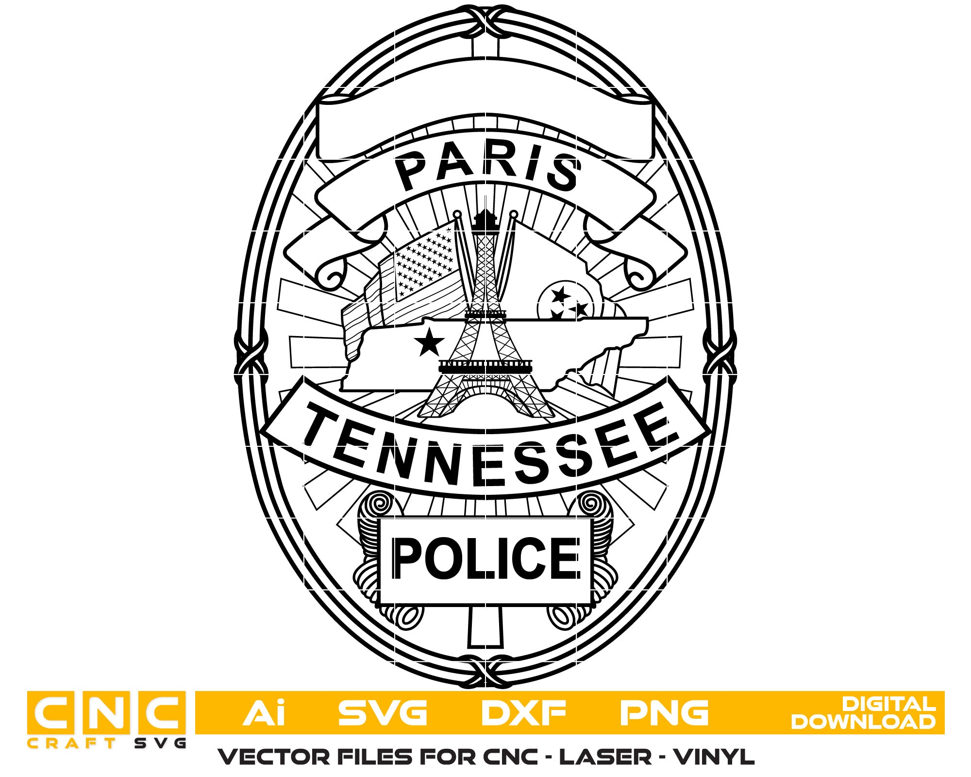 Paris Tennessee Police Vector Art, Ai,SVG, DXF, PNG, Digital Files