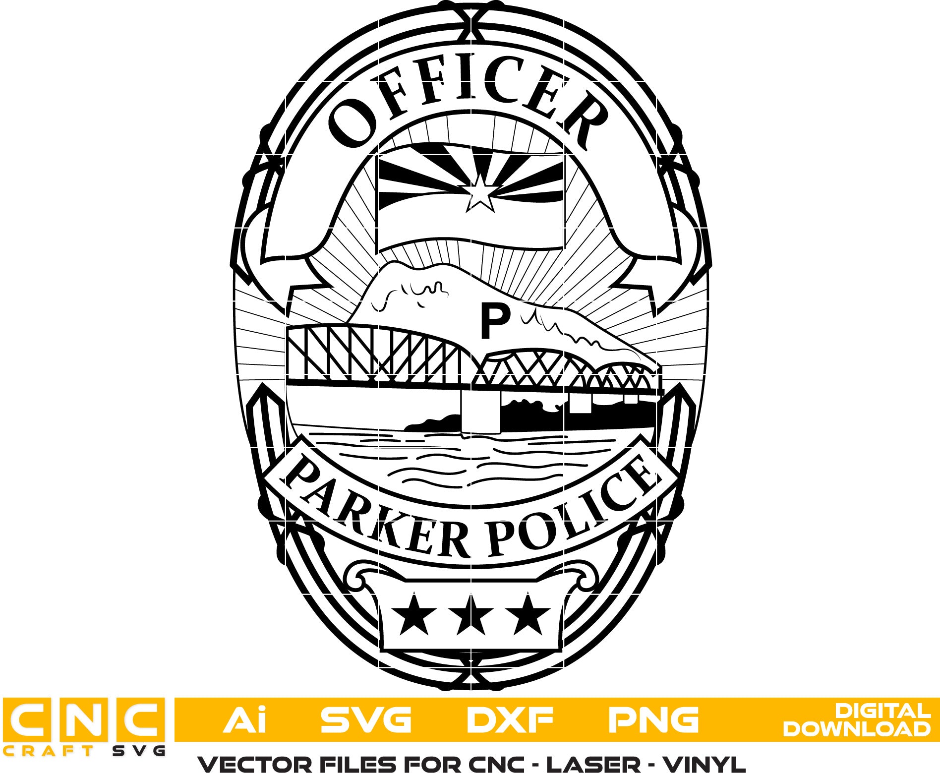 Parker Police Officer Badge Vector art Svg, Dxf, Jpg, Png, and Ai files For laser engraving, woodworking, acrylic painting, and all printing machines.