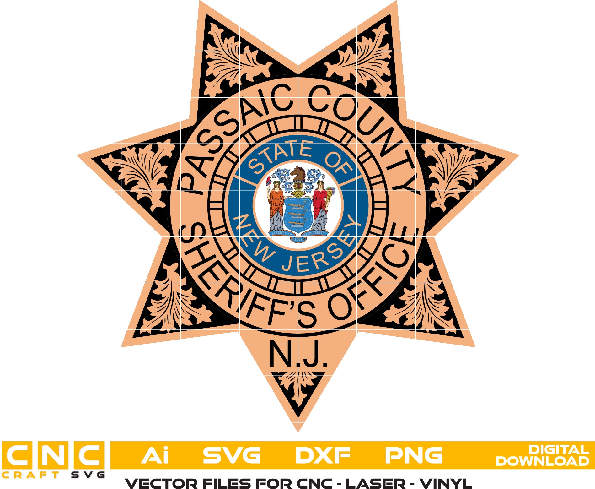 Passaic County Sheriff Patch , New Jersey Sheriff Badge Vector art Svg, Dxf, Jpg, Png and Ai files For laser engraving, woodworking, acrylic painting, and all printing machines.