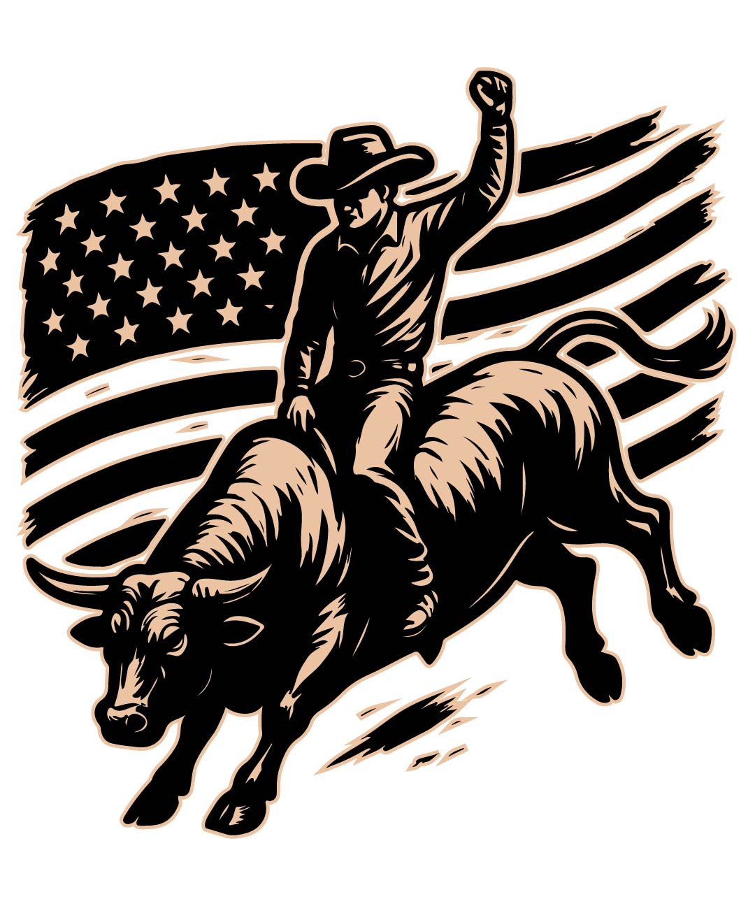 Black and white illustration of a cowboy riding a bull with an American flag in the background
