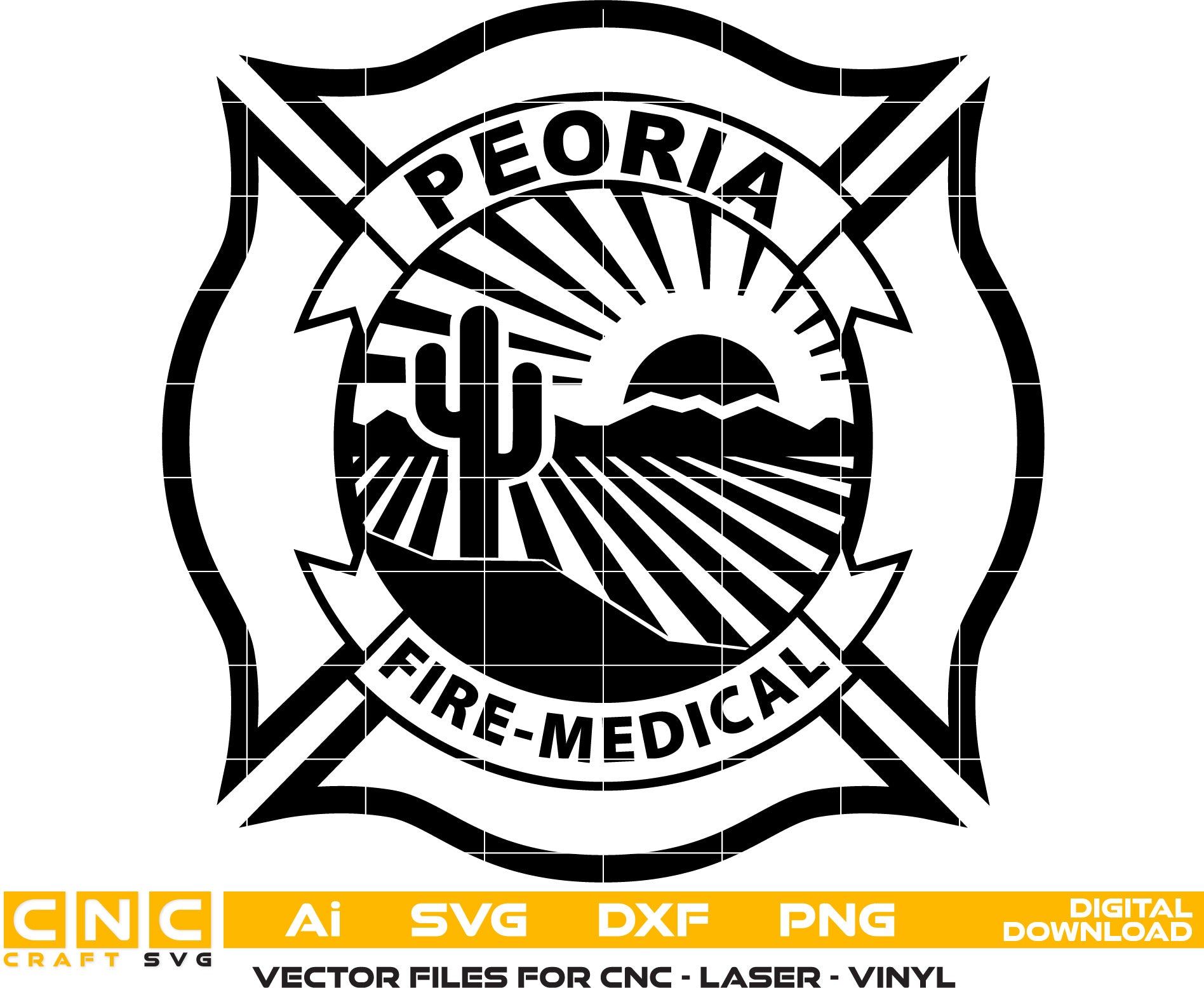 Peoria Fire-medical Badge Vector art Svg, Dxf, Jpg, Png, and Ai files For laser engraving, woodworking, acrylic painting, and all printing machines.