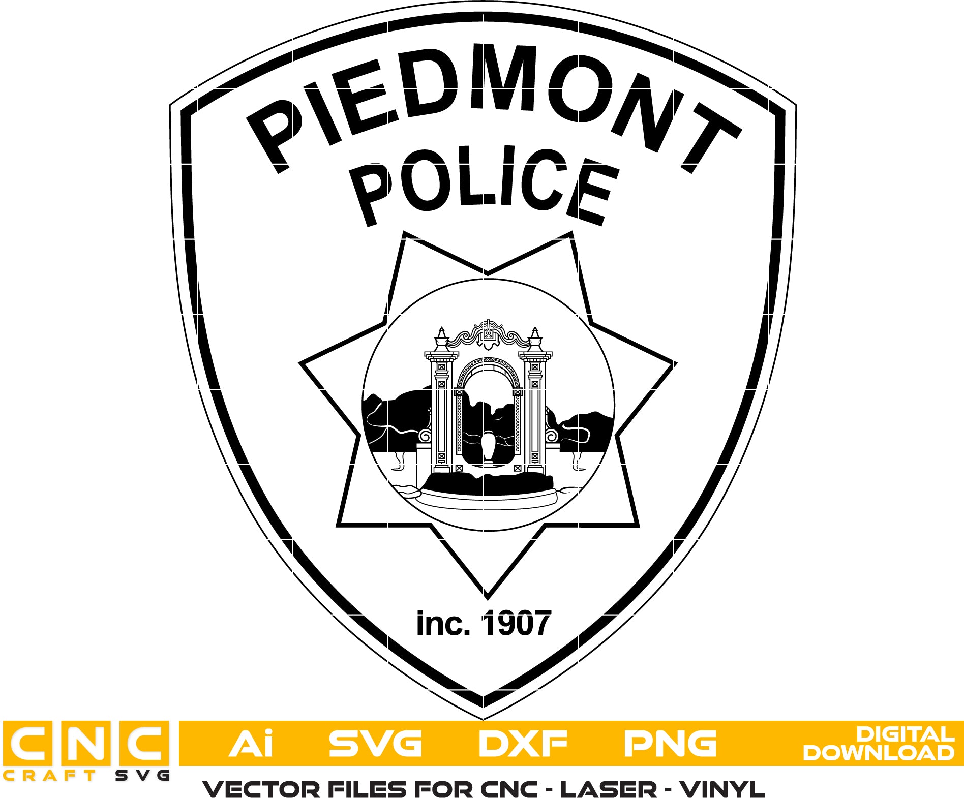 Piedmont Police Badge Vector art Svg/ Dxf/ Jpg/ Png/ and Ai files For laser engraving/ woodworking/ acrylic painting and all printing machines.