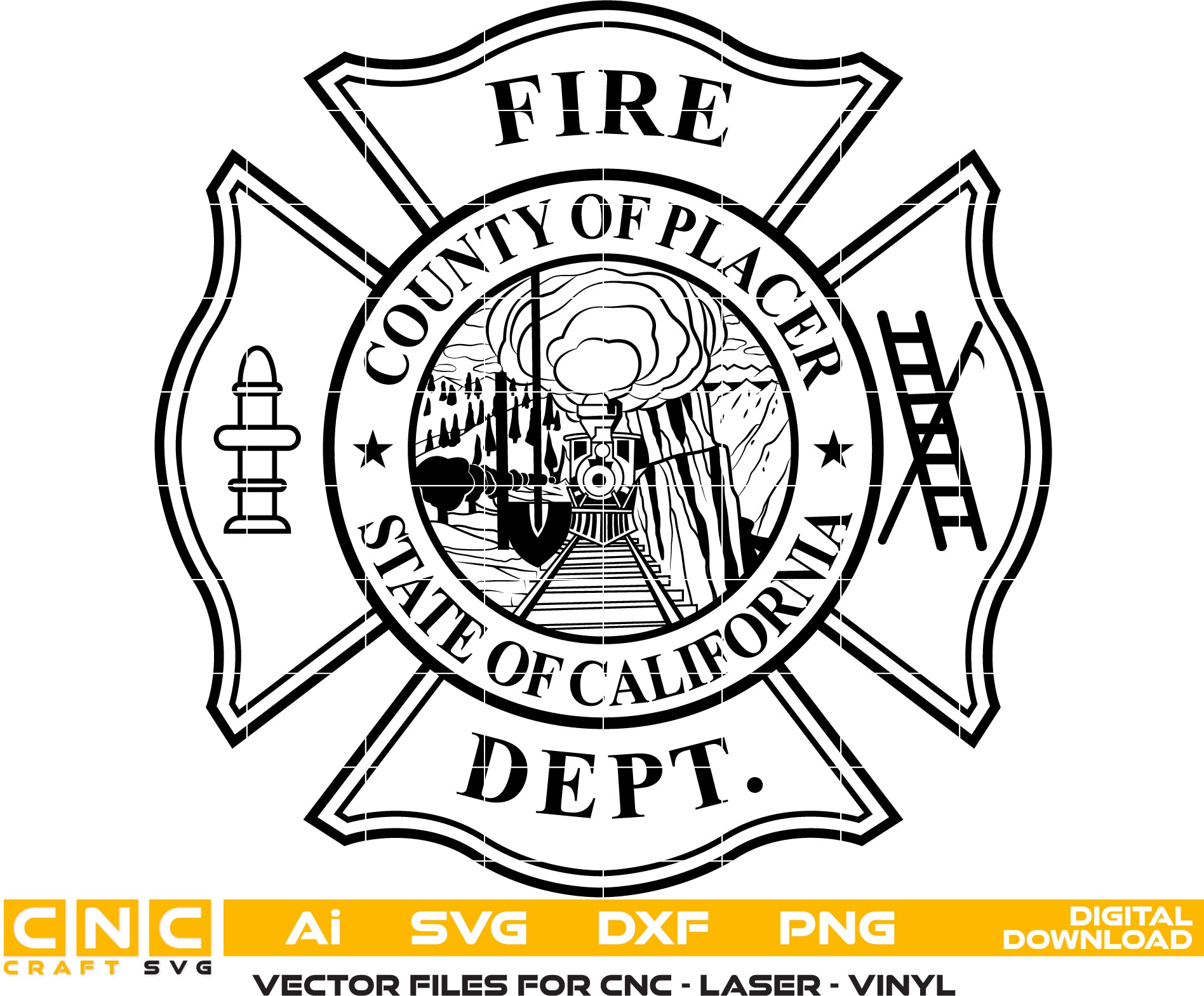 Placer County Fire Dept Badge/ California Fire Dept Badge Vector art Svg/ Dxf/ Jpg/ Png/ and Ai files For laser engraving/ woodworking/ acrylic painting and all printing machines.