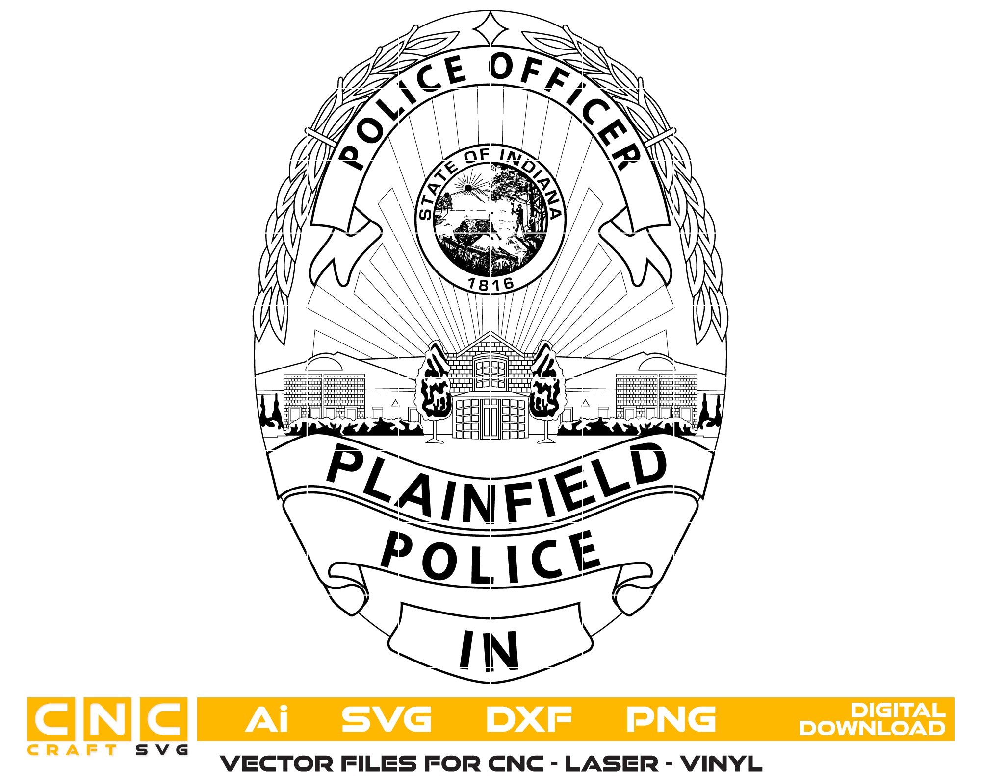 Plainfield Police Officer Badge SVG, Police Badge Vector, Plainfield Law Enforcement Logo, Badge for Engraving, CNC, and Printing