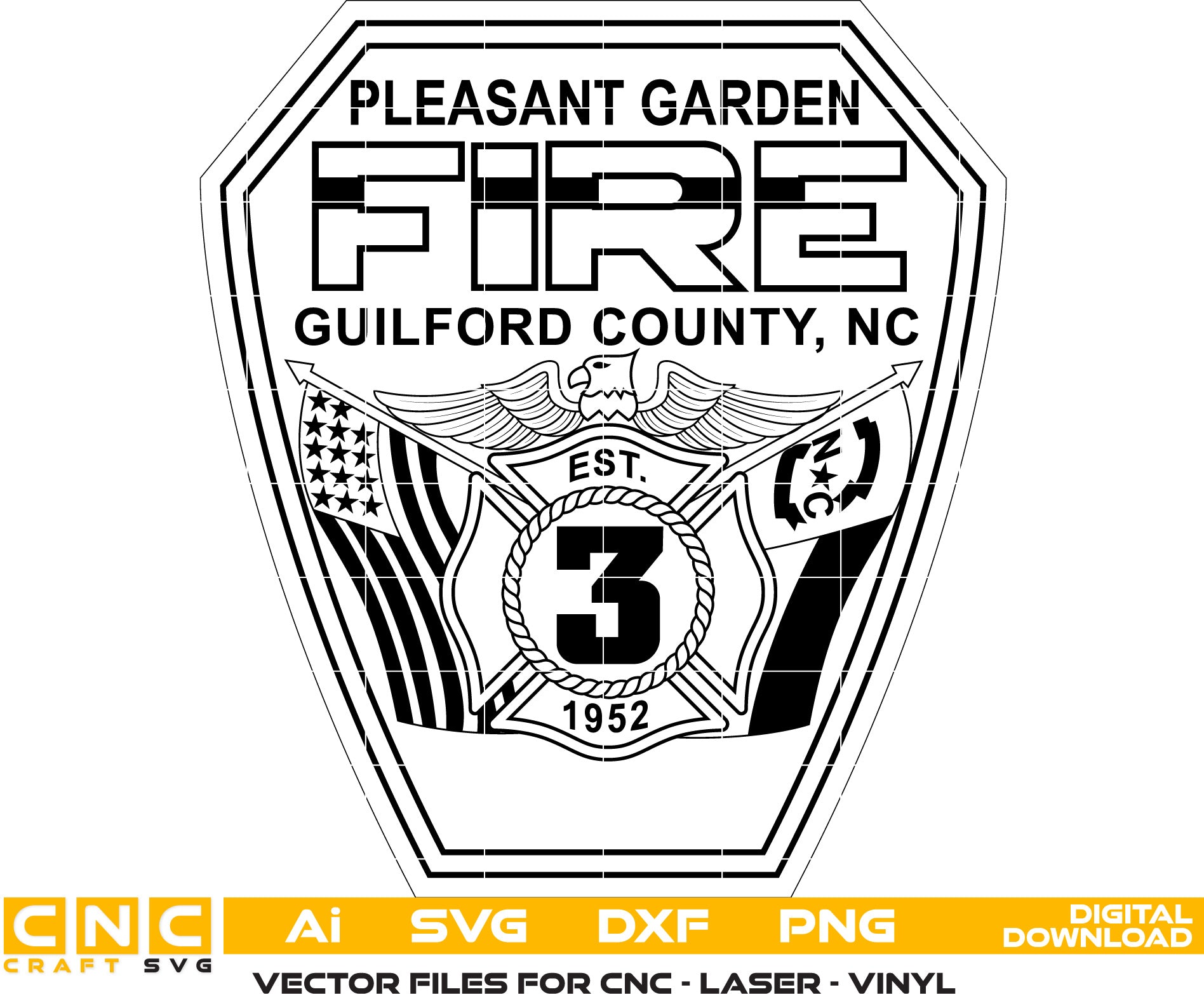 Pleasant Garden Guilford County Fire Dept / North Carolina Fire Dept Badge Vector art Svg, Dxf, Jpg, Png, and Ai files For laser engraving, woodworking, acrylic painting, and all printing machines.