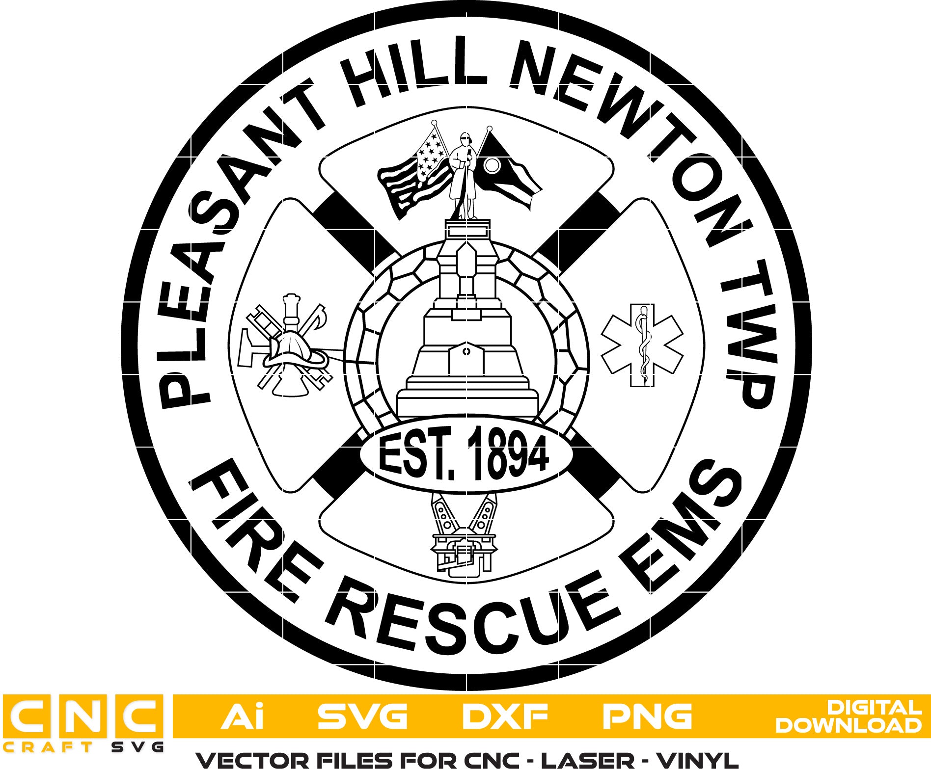 Pleasant Hill Newton Twp Fire Resque Badge Vector art Svg/ Dxf/ Jpg/ Png/ and Ai files For laser engraving/ woodworking/ acrylic painting and all printing machines.