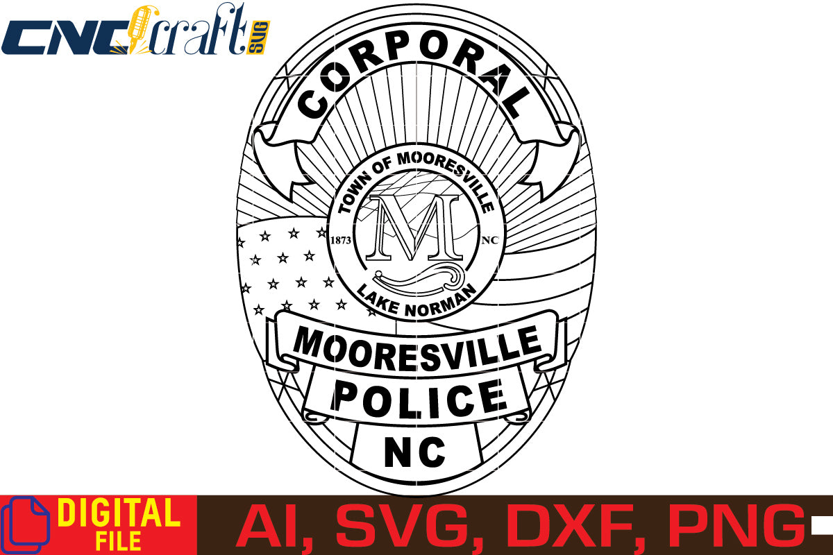 Police Badge Mooresville Police Corporal vector file for Laser Engraving