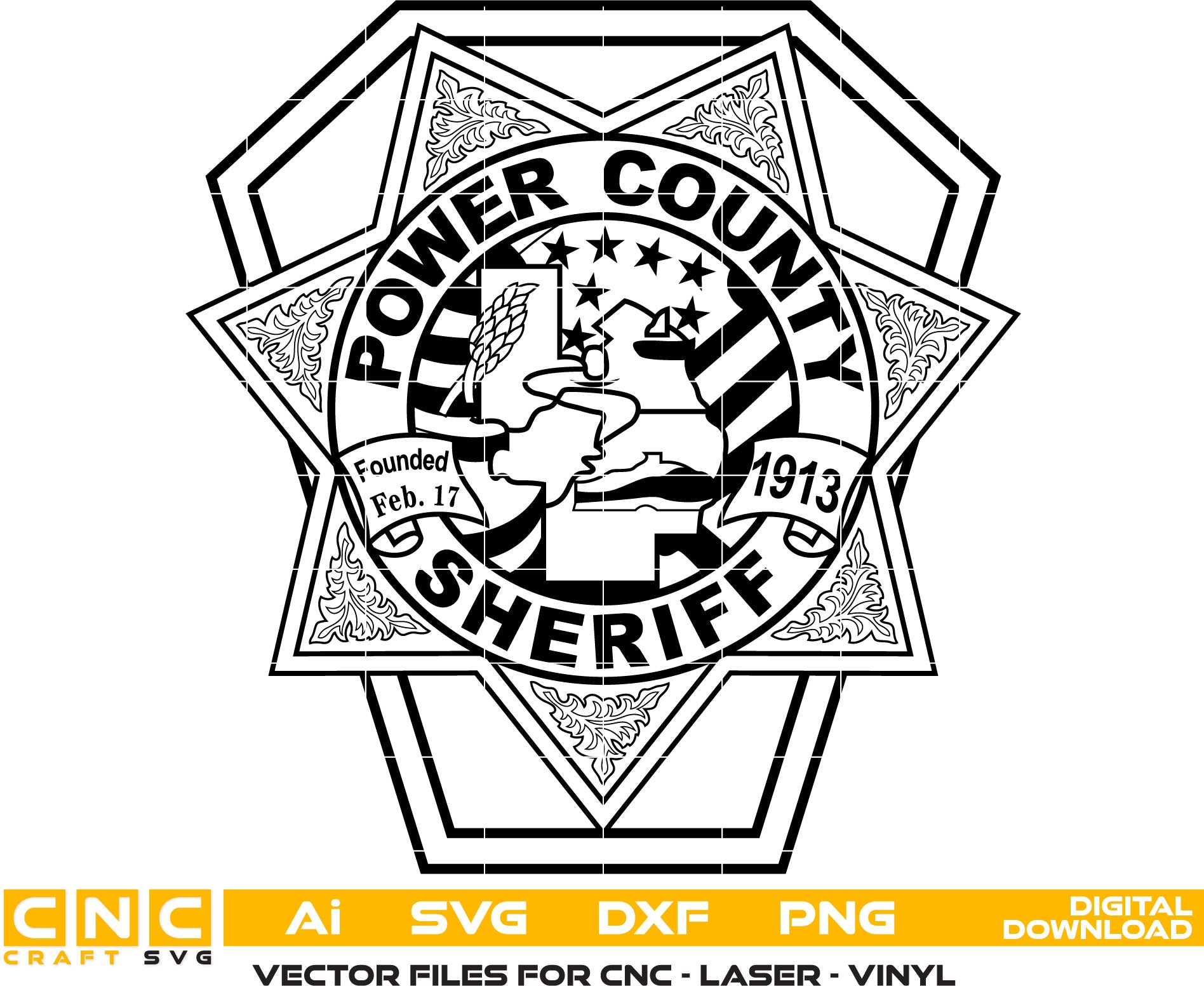 Power County Sheriff, Idaho Sheriff Badge Vector art Svg, Dxf, Jpg, Png and Ai files For laser engraving, woodworking, acrylic painting, and all printing machines.