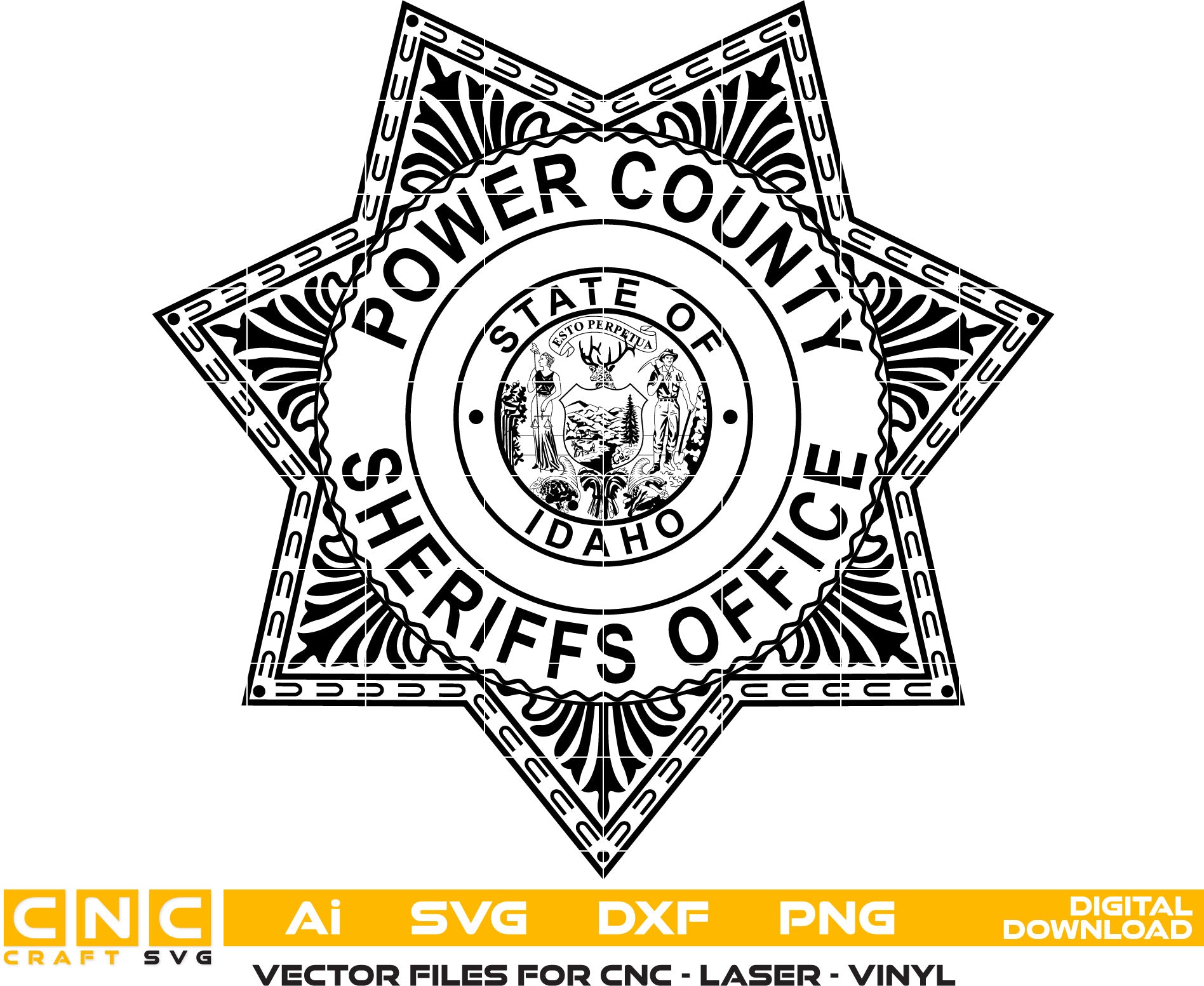 Power County Sheriff Badge, Idaho Sheriff Badge Vector art Svg, Dxf, Jpg, Png and Ai files For laser engraving, woodworking, acrylic painting, and all printing machines.