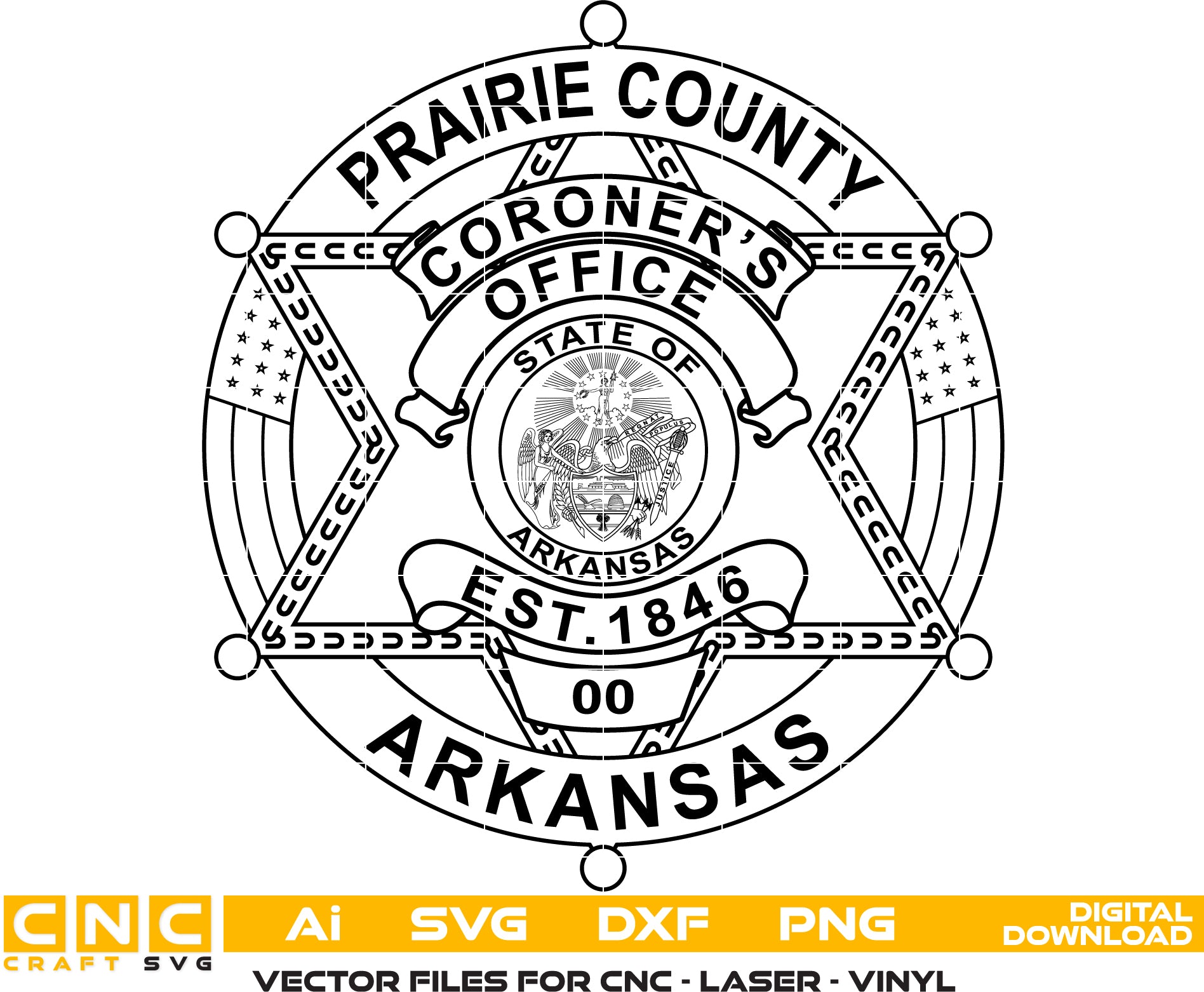 Prairie County Arkansas Coroners Office Badge Vector art Svg/ Dxf/ Jpg/ Png/ and Ai files For laser engraving/ woodworking/ acrylic painting and all printing machines.