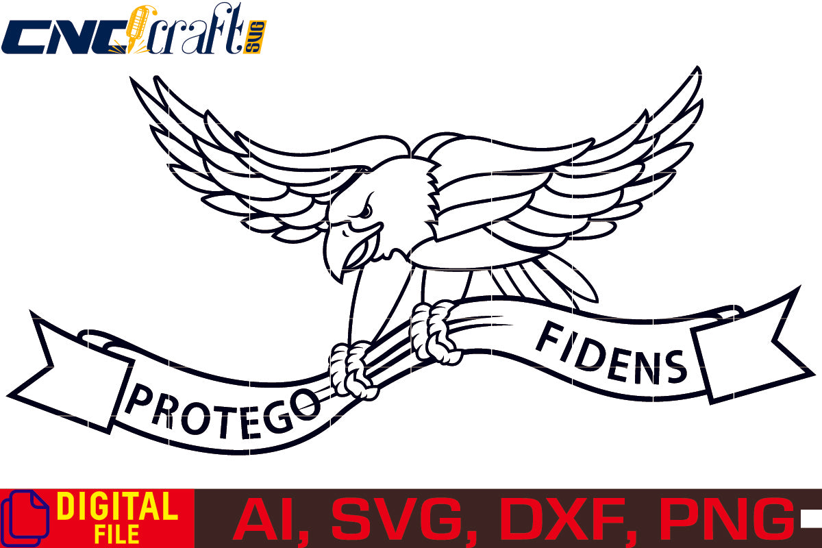 Protego Fidens Eagle vector file for Laser Engraving, Woodworking, CNC Router, vinyl, plasma, Xcarve, Vcarve, Cricut, Ezecad etc.
