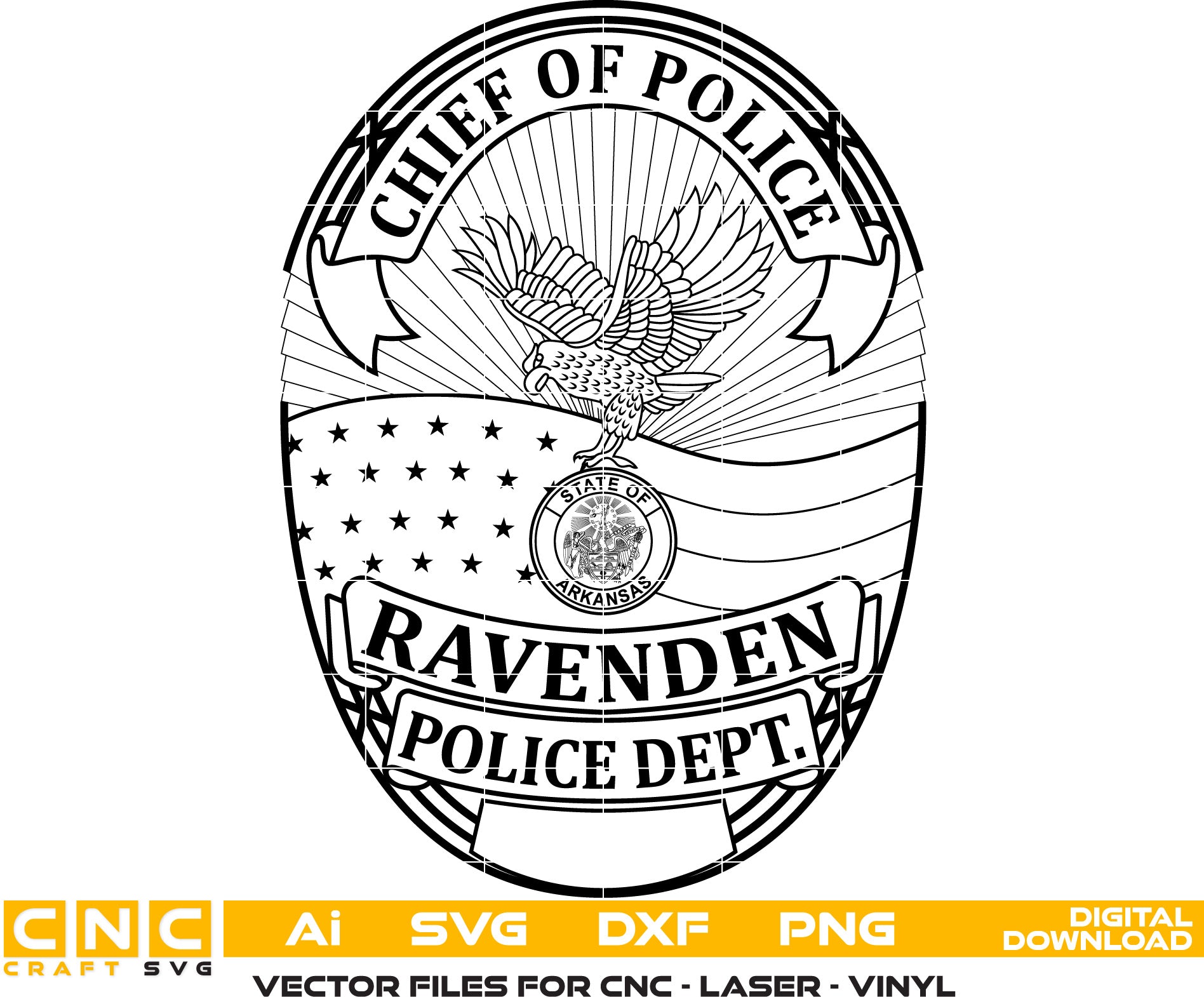 Ravenden Chief of Police, Arkansas Police Badge Vector art Svg, Dxf, Jpg, Png, and Ai files For laser engraving, woodworking, acrylic painting, and all printing machines.