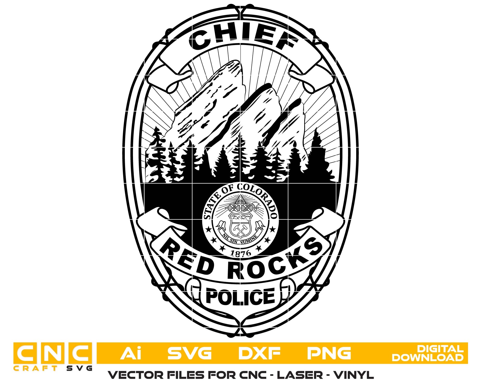 Chief Red Rocks Police logo with mountain and trees design on a white background