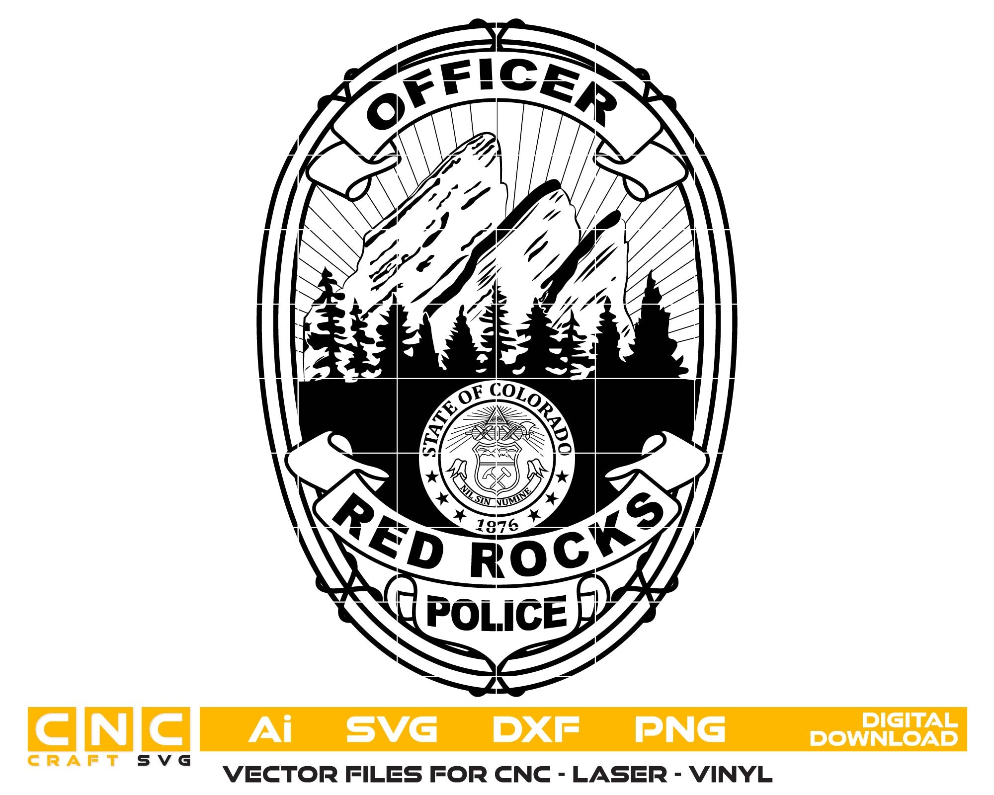 Black and white police badge design with 'Red Rocks Police' text on a white background