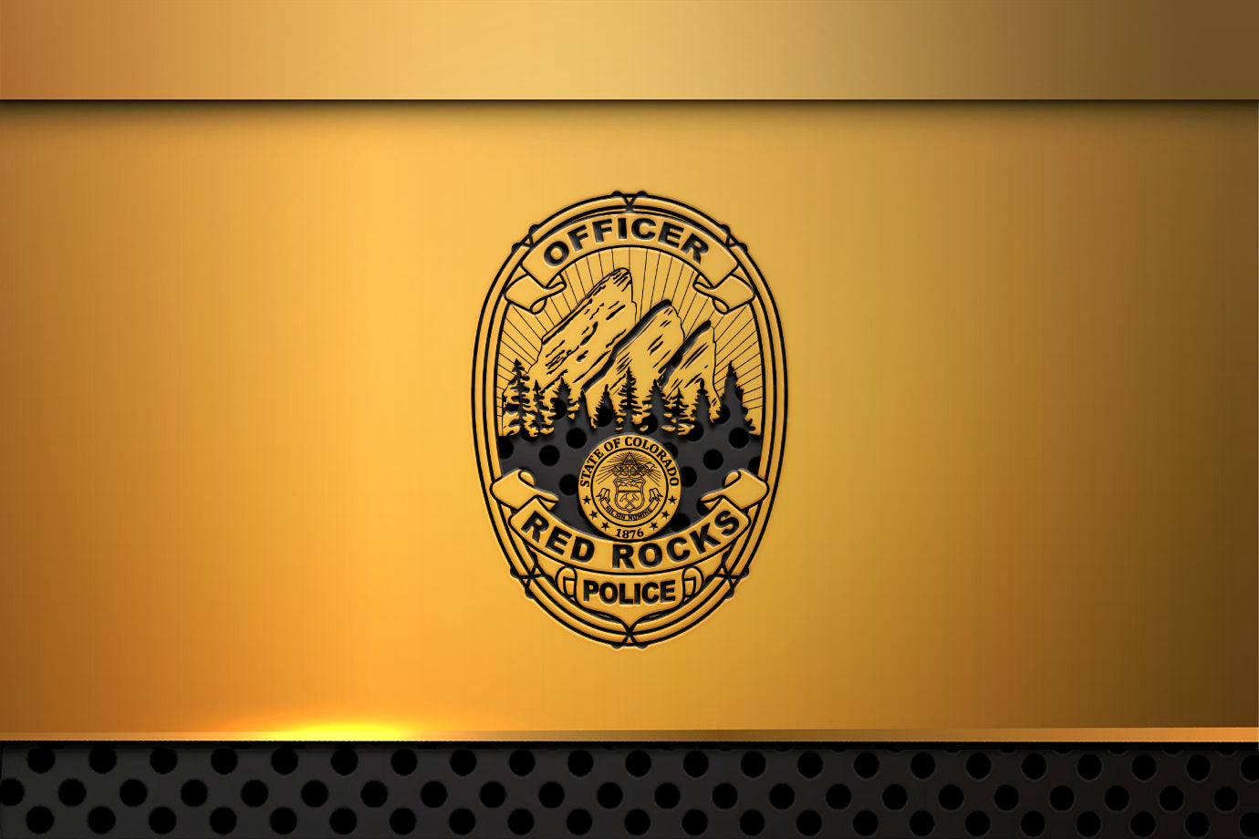 Black police badge logo on a gold background
